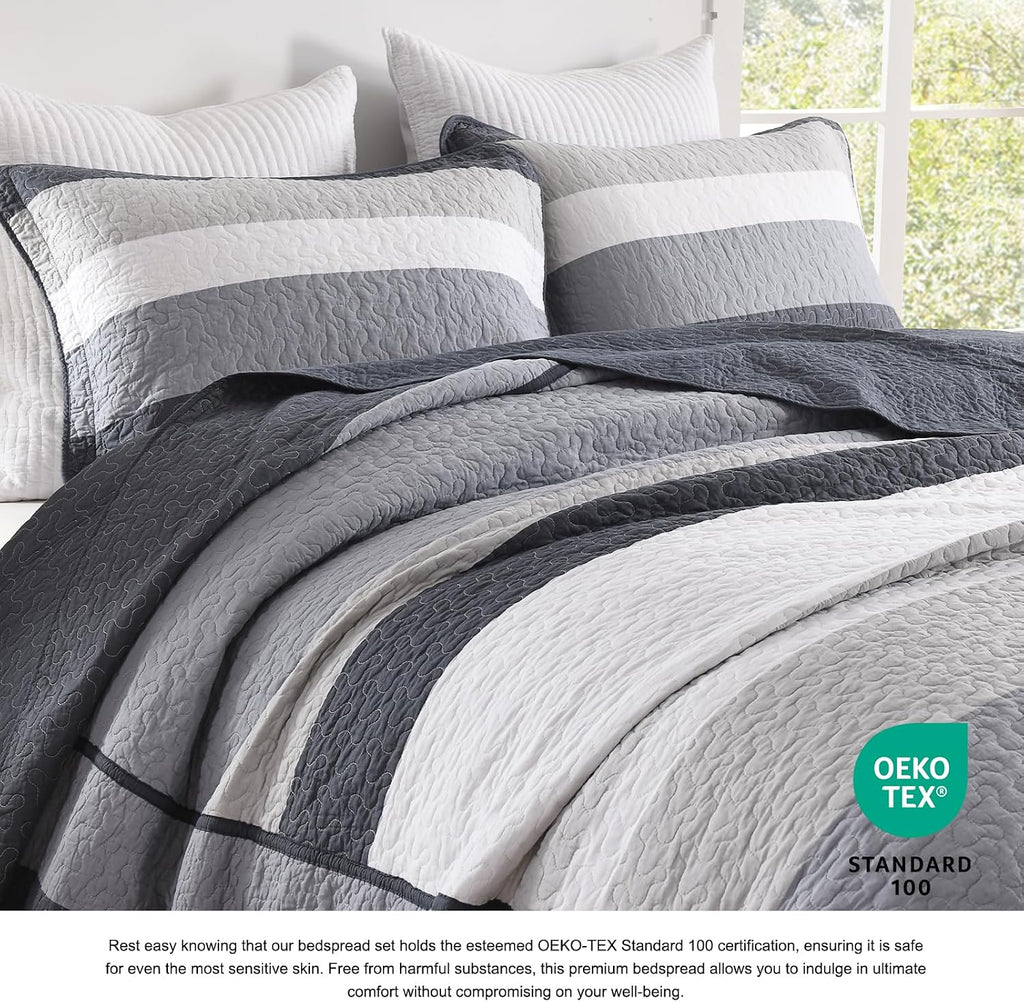 DDUOXIN Oversized King Bedspread 120' W x120 L - 100% Cotton California Quilt with 2 Pillow Shams, Simple Striped Design Lightweight Durable Bedding, Perfect for Modern Bedrooms, Blue/Gray/White