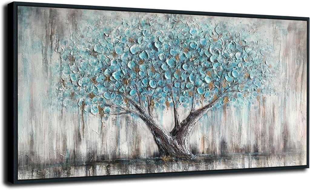 Arjun Framed Blue Tree Extra Large Canvas Wall Art for Living Room Tree of Life Abstract Bedroom Textured Painting, Nature Picture Panoramic Landscape Artwork Home Office Decor, Black Wood 58'x29'