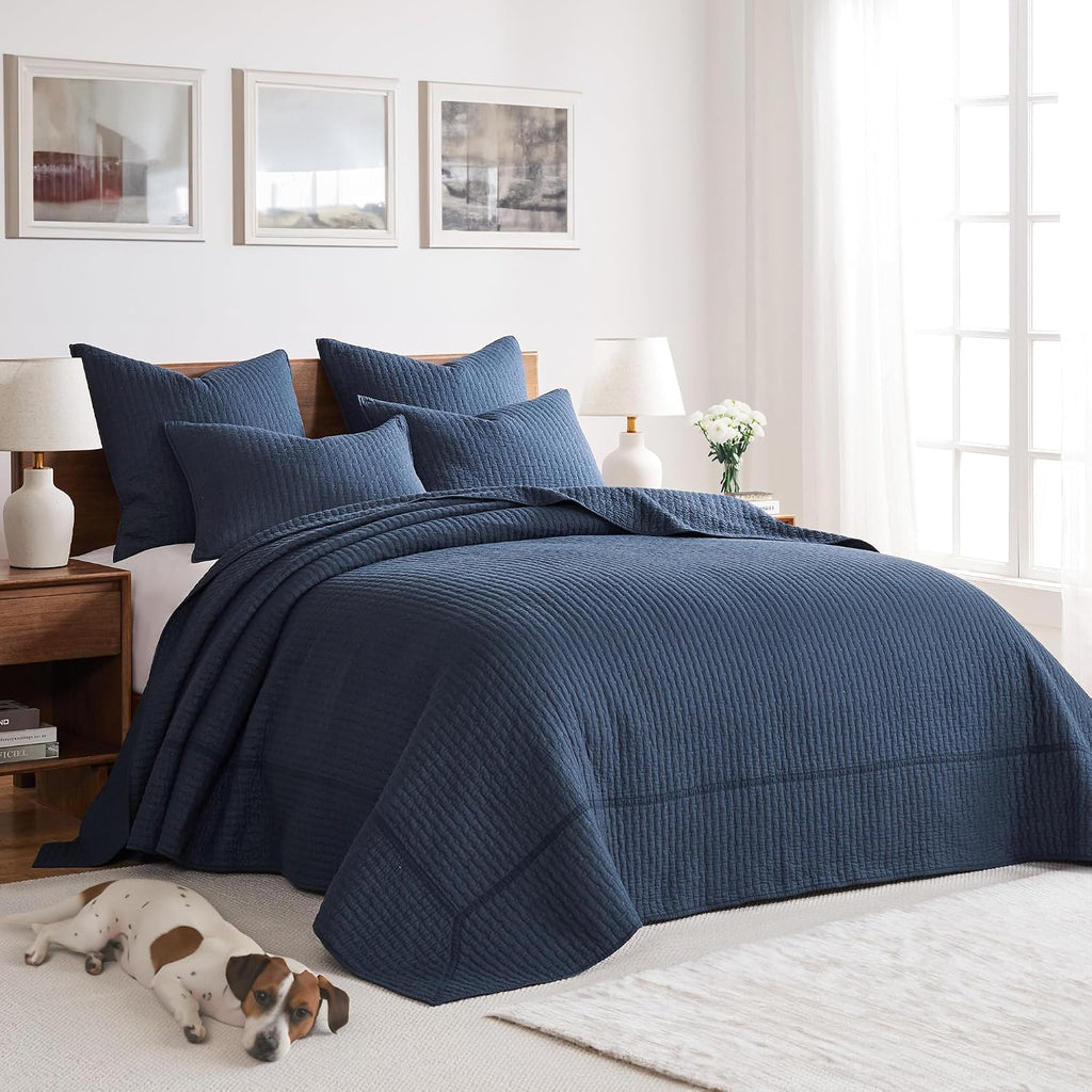 Levtex Home Cross Stitch Reversible Full Bedspread Set (100x104in) with 2 Pillow Shams (26x20in) - Stitch Texture - Navy - 100% Cotton Full Size Bedspread Set - Lightweight, Soft, Pre-Washed
