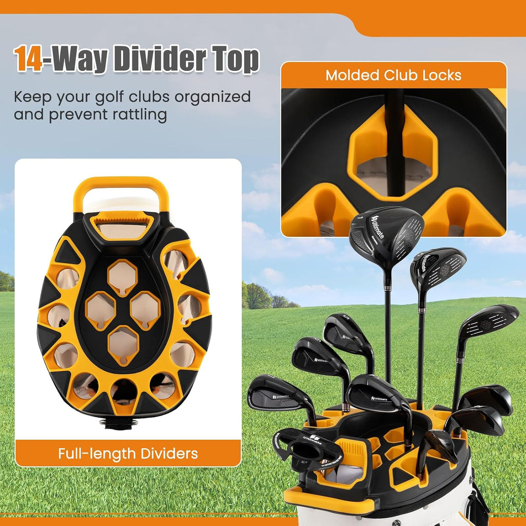 ULTIMATE 14-Way Golf Cart Bag, Golf Bag w/Molded Lock Top & Full Length Dividers, Portable Golf Club Bag w/11 Pockets, Cooler Bag, Padded Strap & Rain Hood for Men Women