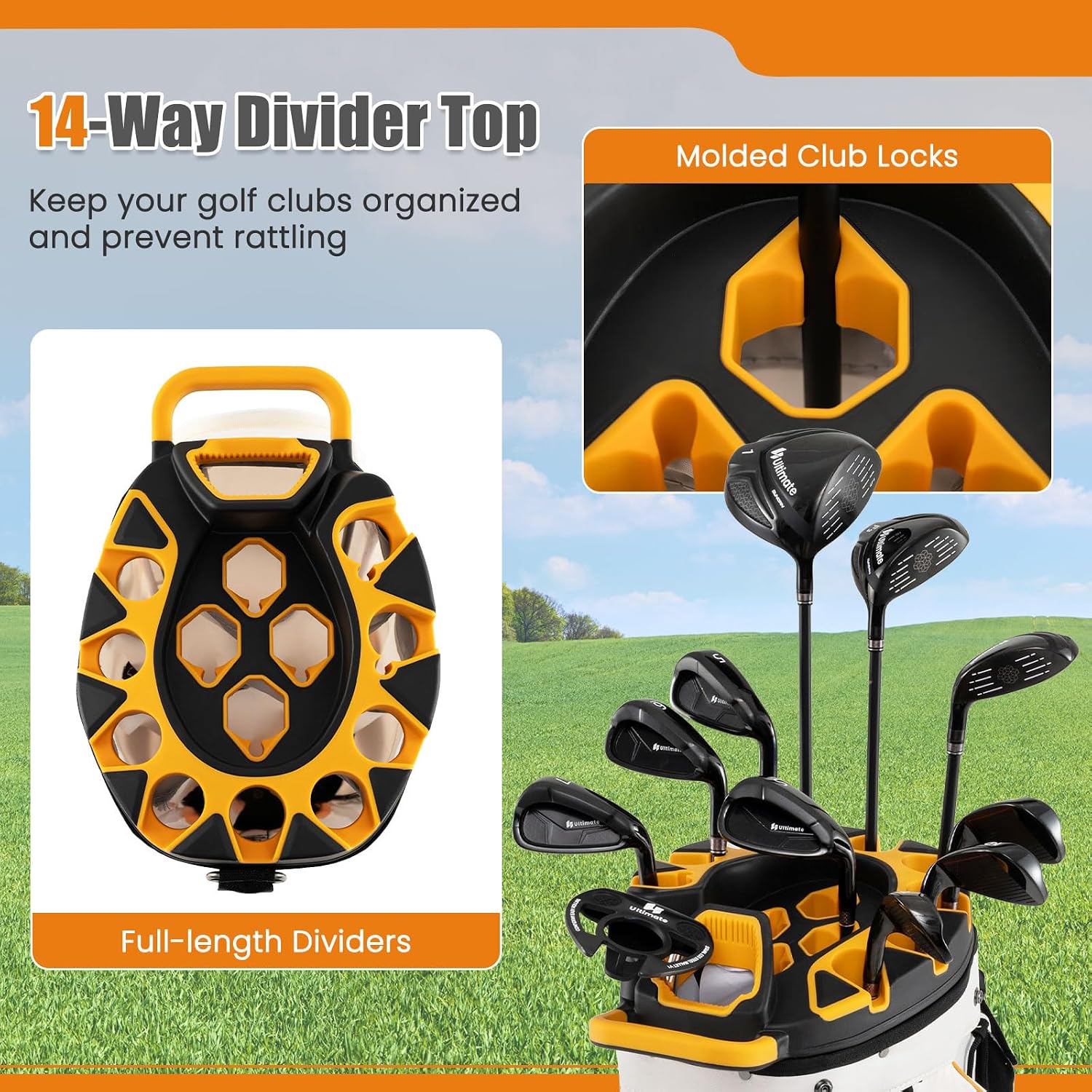 ULTIMATE 14-Way Golf Cart Bag, Golf Bag w/Molded Lock Top & Full Length Dividers, Portable Golf Club Bag w/11 Pockets, Cooler Bag, Padded Strap & Rain Hood for Men Women