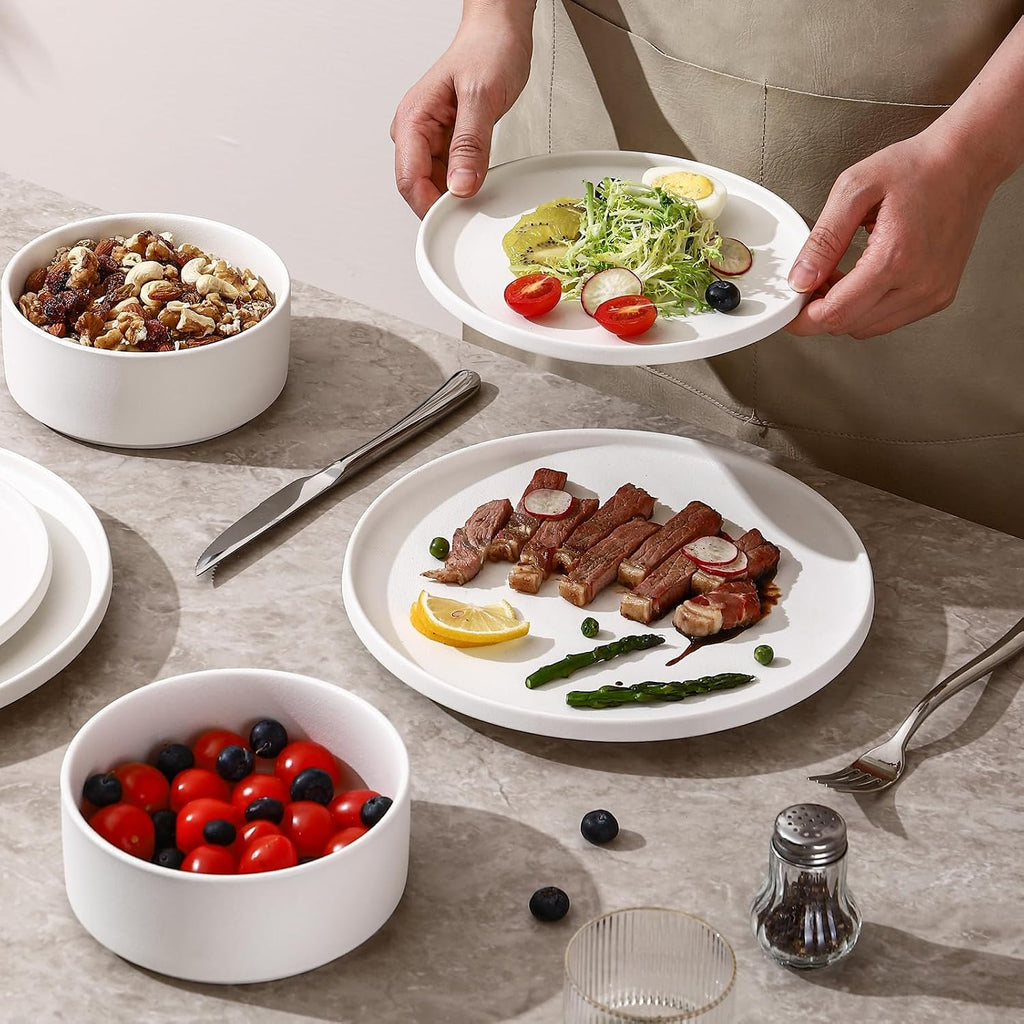 GZG Classic Series - Plates and Bowls Set for 6, 18 Piece Stoneware Dinnerware Sets, Microwave and Dishwasher Safe Lead-Free Handcrafted Ceramic Dishes Set - Ivory White
