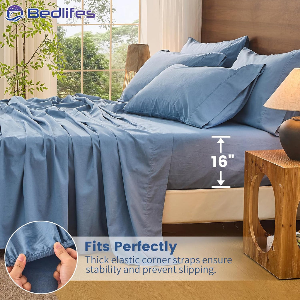 Bedlifes 100% French Pure Linen Sheets King Size Breathable and Cooling Flax Sheet Set Soft Durable and Moisture Wicking 16 Inch Deep Pocket-4 Piece(King,Flint Blue)