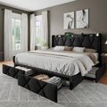 Feonase King Size Bed Frame with 4 Storage Drawers, Upholstered Platform Bed with Charging Station, Wingback Storage Headboard, Wooden Slats Support, No Box Spring Needed, Easy-Assembly, Black