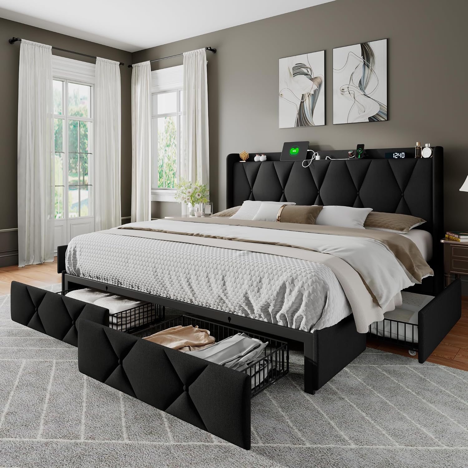 Feonase King Size Bed Frame with 4 Storage Drawers, Upholstered Platform Bed with Charging Station, Wingback Storage Headboard, Wooden Slats Support, No Box Spring Needed, Easy-Assembly, Black