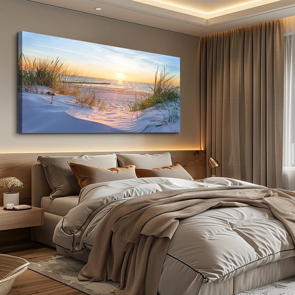 Canvas Wall Art For Living Room Super Large Size Wall Decor For Office Canvas Art Framed Pictures Artwork Blue Sun Beach Grass Ocean Landscape Paintings Bedroom Decor Seascape Draw Home Decorations