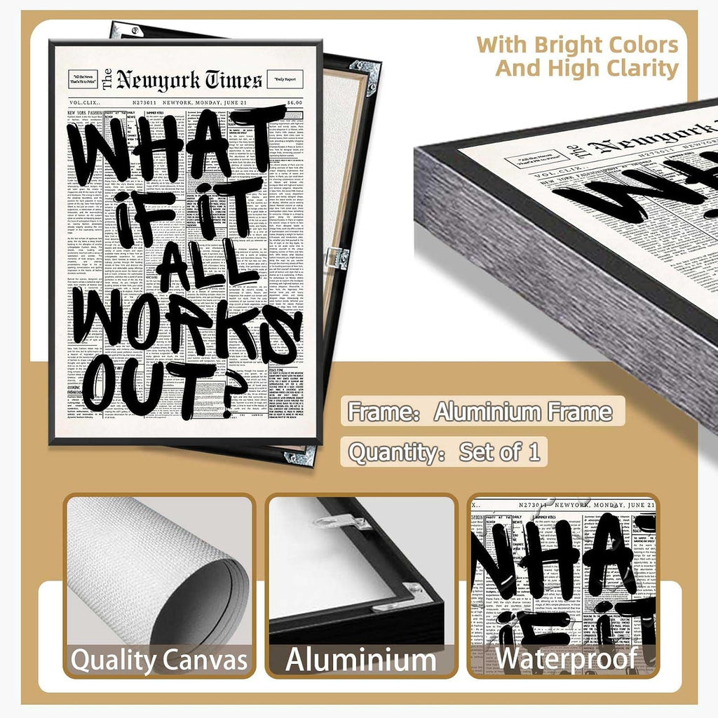 Retro Black And White Newspaper Poster What If It All Works Out Canvas Wall Art Positive Affirming Quote Minimalist Prints Painting For Home Bedroom Dorm Wall Decor 24x36in Framed