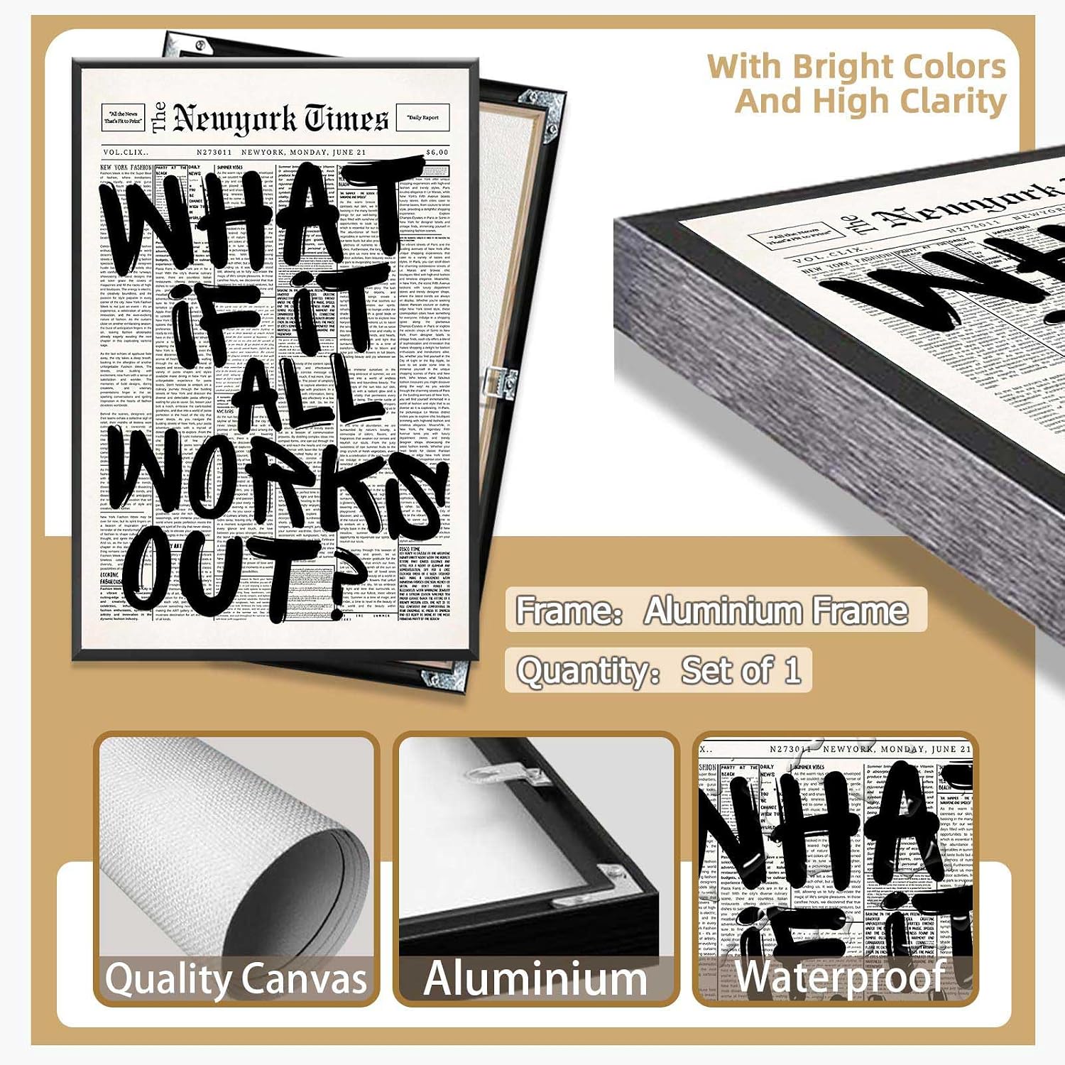 Retro Black And White Newspaper Poster What If It All Works Out Canvas Wall Art Positive Affirming Quote Minimalist Prints Painting For Home Bedroom Dorm Wall Decor 24x36in Framed