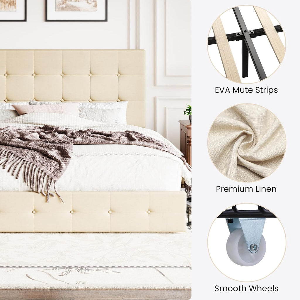 SHA CERLIN Upholstered King Size Platform Bed Frame with 4 Storage Drawers, Adjustable Headboard with Square Stitched Button Tufted Design, Wooden Slat Support, No Box Spring Needed, Beige