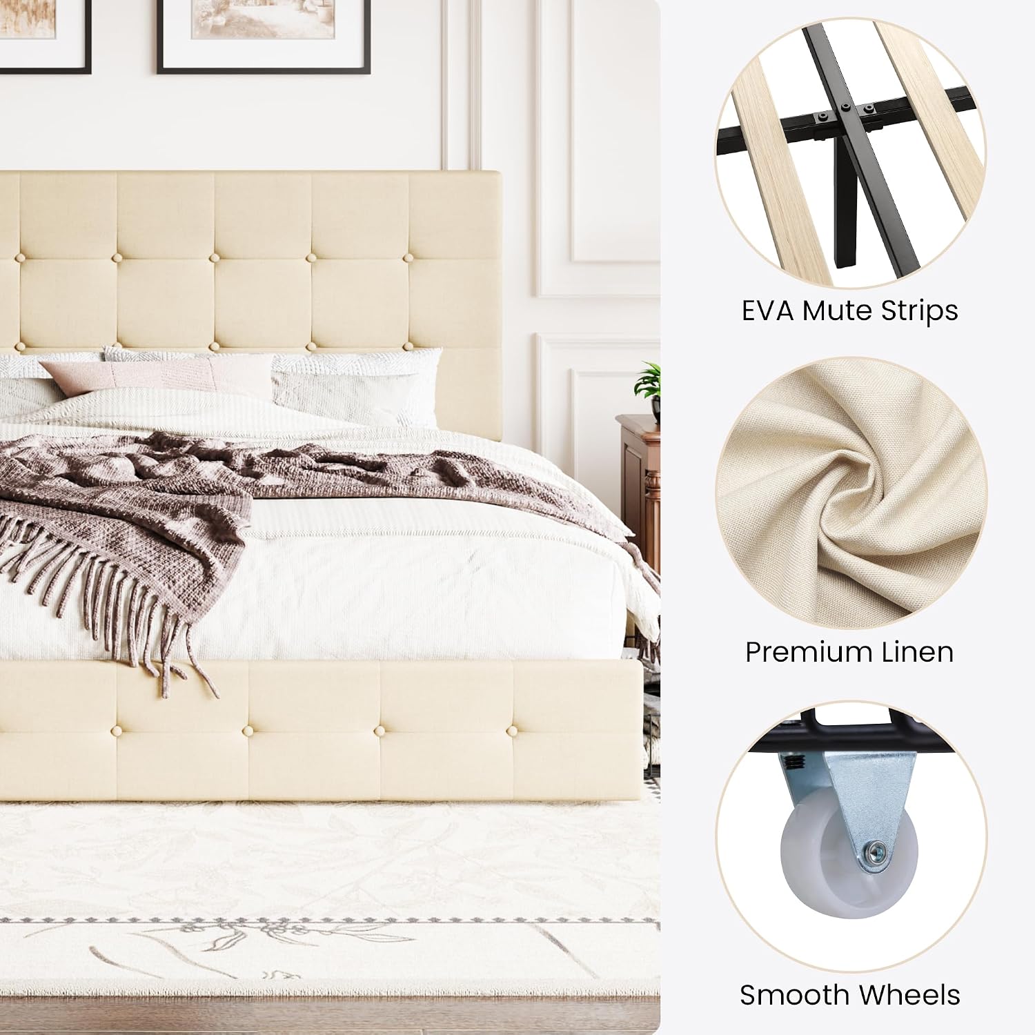 SHA CERLIN Upholstered King Size Platform Bed Frame with 4 Storage Drawers, Adjustable Headboard with Square Stitched Button Tufted Design, Wooden Slat Support, No Box Spring Needed, Beige