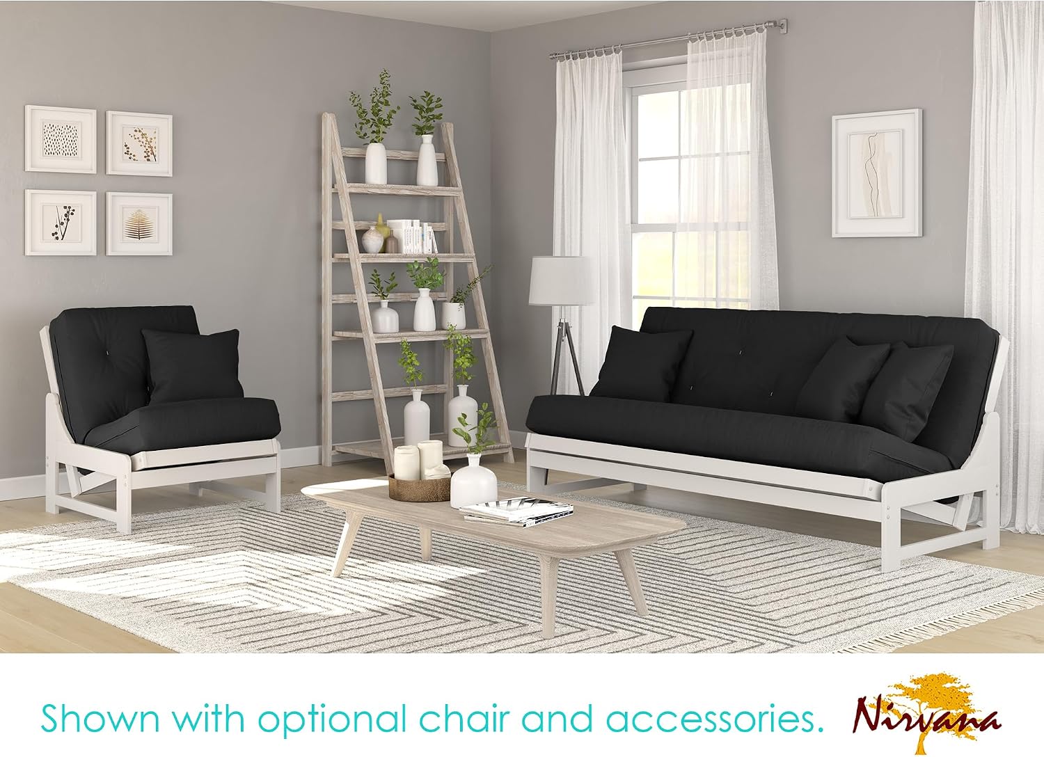 Nirvana Futons Arden White Futon Set Full or Queen Size - Armless Wood Futon Frame with Mattress Included (Twill Black), Space Saving Modern Sofa Bed Sleeper