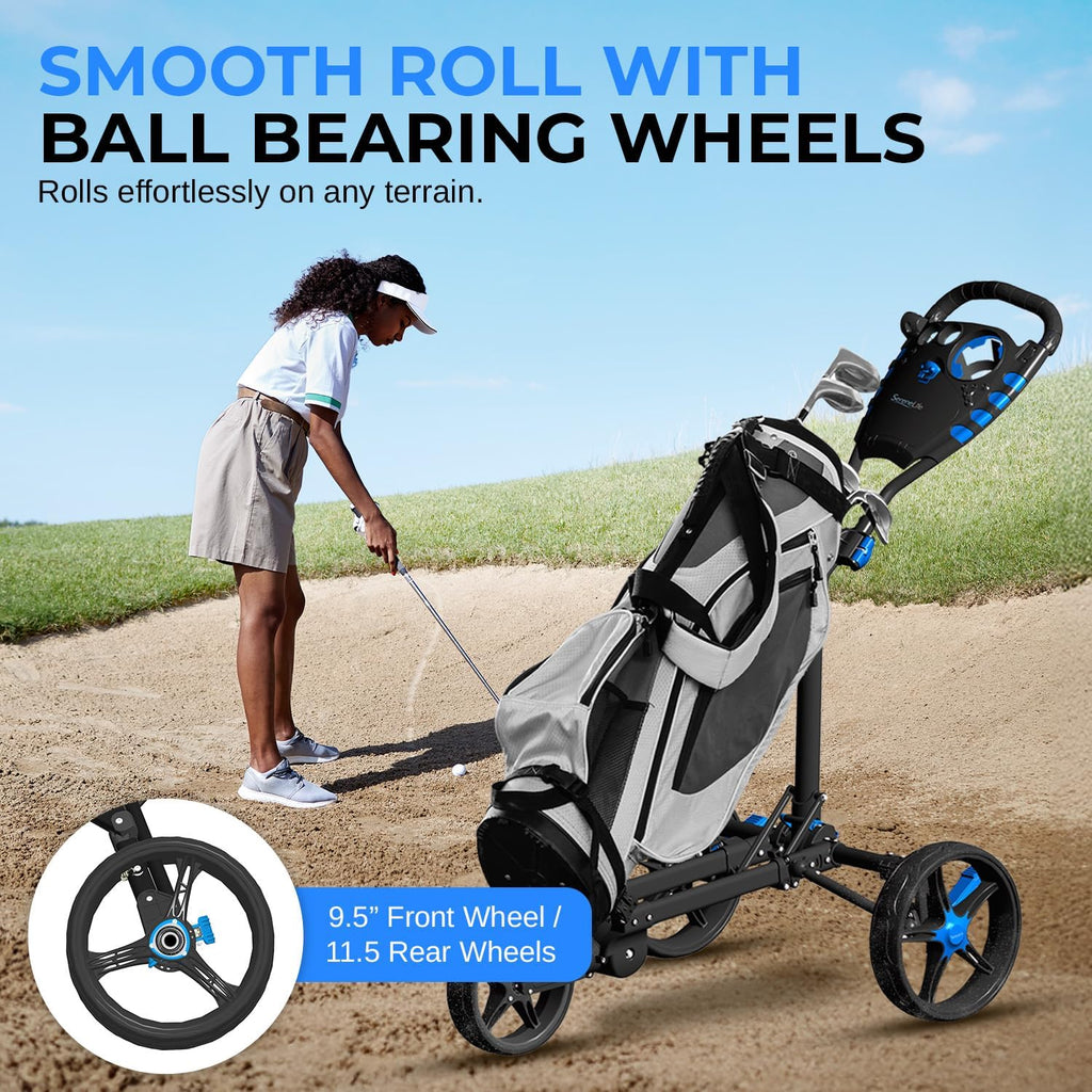 SereneLife Golf Cart Lightweight Foldable Golf Push Cart - Aluminum Folding Trolley with Adjustable Handle, Elastic Bag Straps, Dual Brakes, Scorecard & Cup Holders for Easy Maneuverability