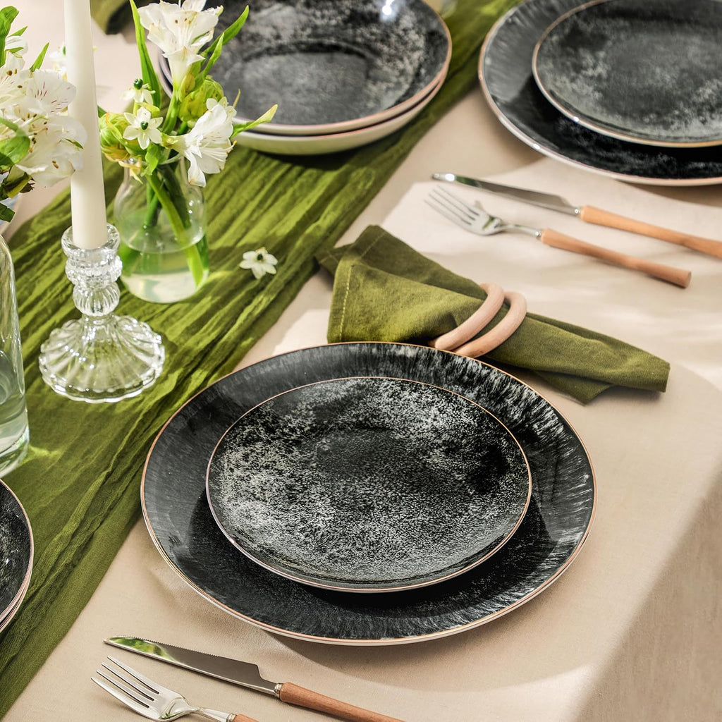 Christian Siriano Onyx 24-Piece Dinnerware Set Porcelain, Plates and Bowls Set, Hand Wash Dish, Dish Set for 8, Black and Gold