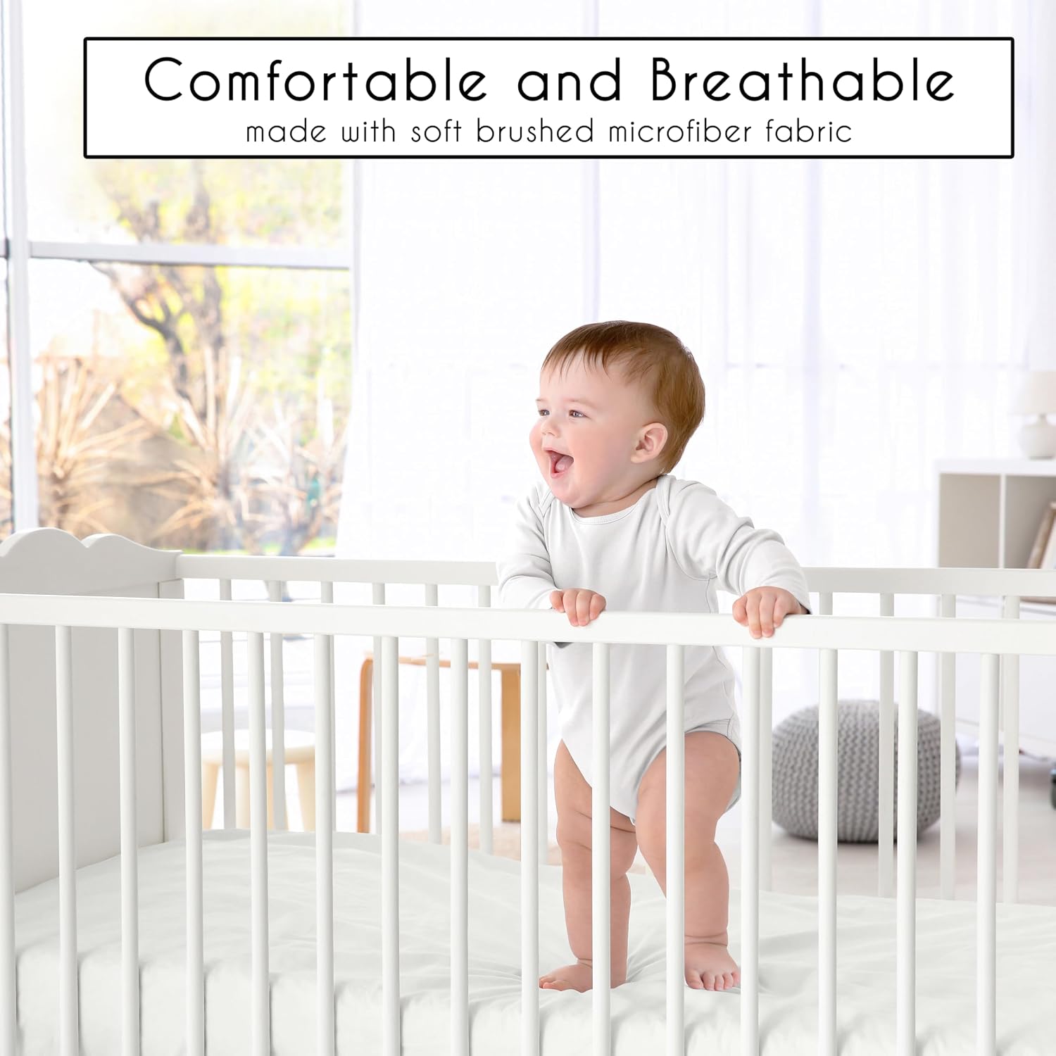 Sweet Jojo Designs 4-Piece Baby Crib Bedding Set (Green Boho Linen) for Boys or Girls, Infants/Nursery incl. Blanket, 100% Cotton Fitted Sheet, Skirt, Diaper Stacker (Sage, Chevron, Neutral Farmhouse)