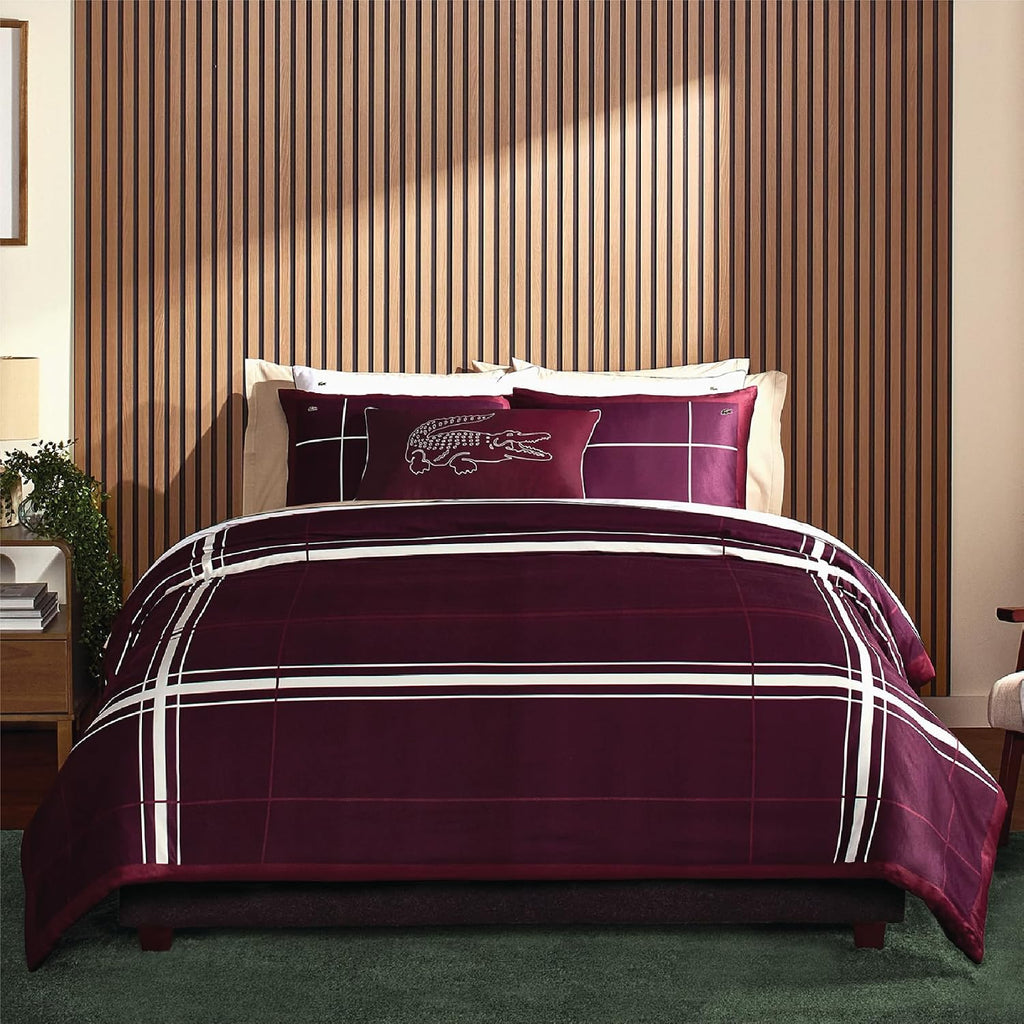 Lacoste Playful Checks Cotton Sateen 300-Thread Count Comforter Set – Medium Warmth, Oeko Tex Certified, Machine Washable, Burgundy, King