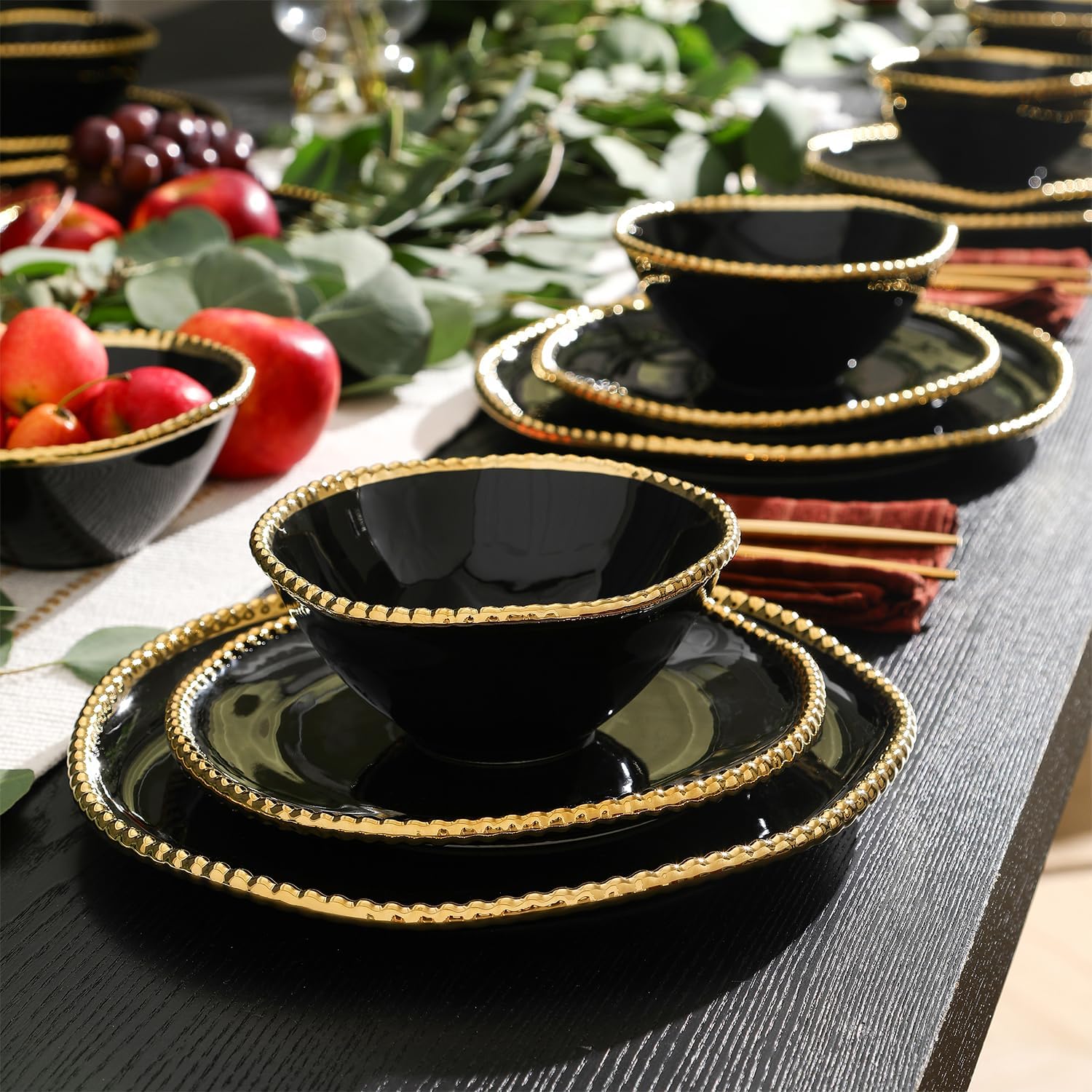 Christian Siriano Akoya Porcelain Dinnerware Set, 24-Piece - Dish Set for 8, Plates and Bowls Set, Black and Gold