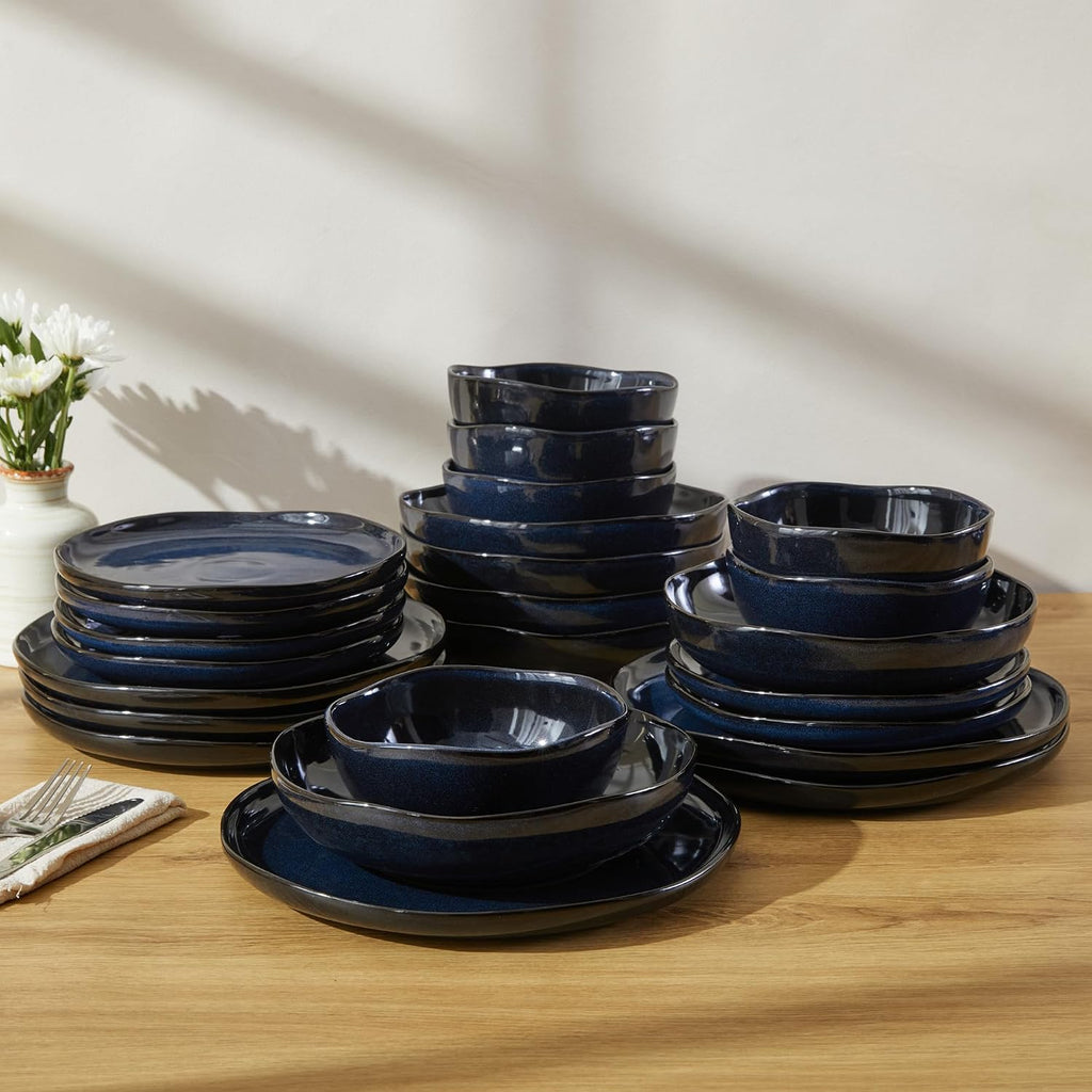 Pokini 24 Pieces Dinnerware Set for 6 with Pasta Bowls, Complete Ceramic Dish Set, Stackable & Glossy Stoneware Plate and Bowl Set for Effortless Everyday Hosting, Starry Blue