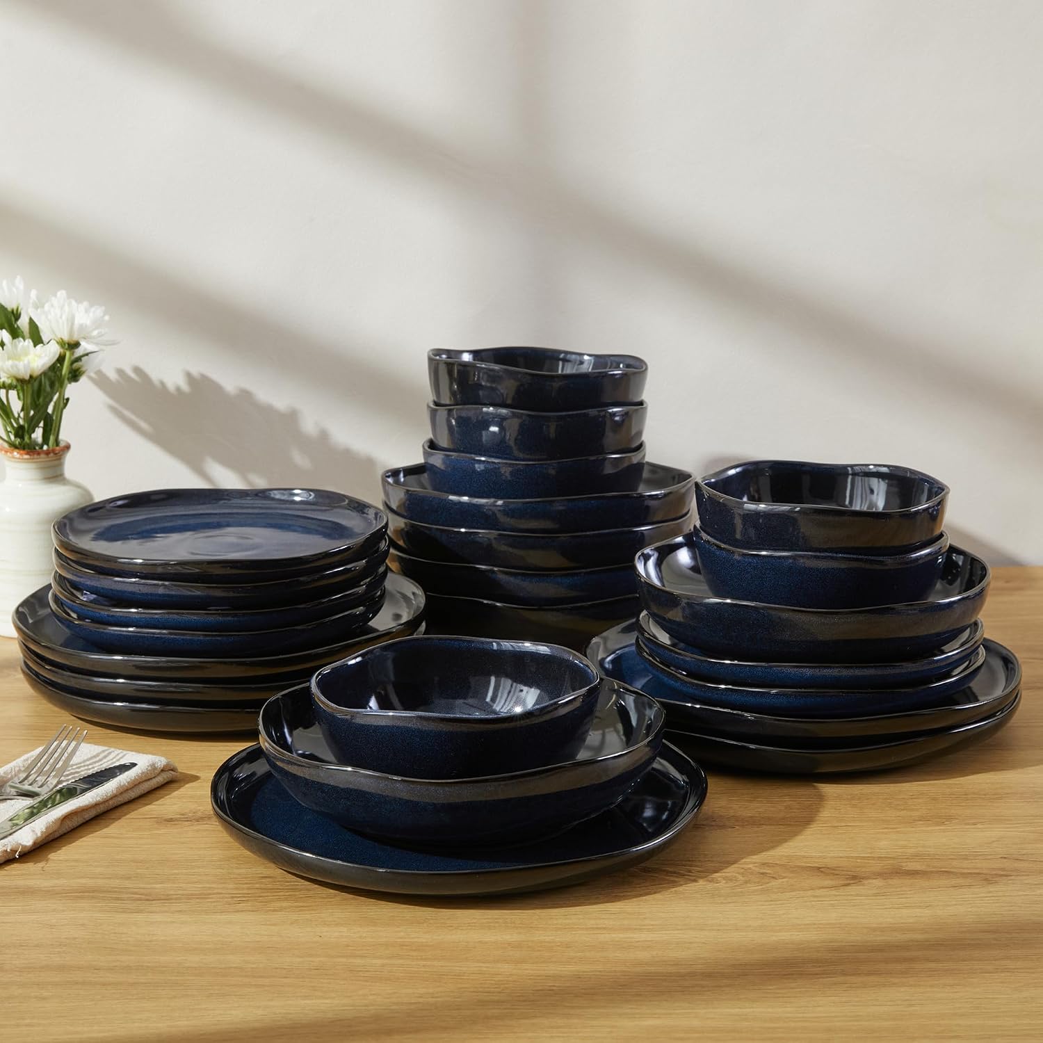 Pokini 24 Pieces Dinnerware Set for 6 with Pasta Bowls, Complete Ceramic Dish Set, Stackable & Glossy Stoneware Plate and Bowl Set for Effortless Everyday Hosting, Starry Blue