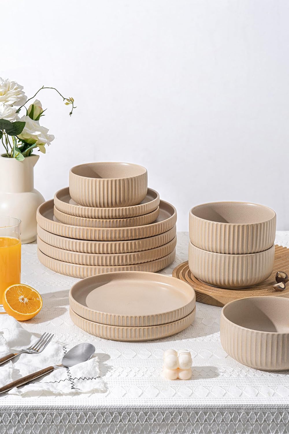 FOBENTA Dinnerware Sets for 4,Microwave Safe Plates and Bowls Sets,12 Piece Dylan Dish Set,Reactive Glaze Stoneware Dinnerware Set (Matte Reactive Khaki Beige, Service for 4 (12pcs))