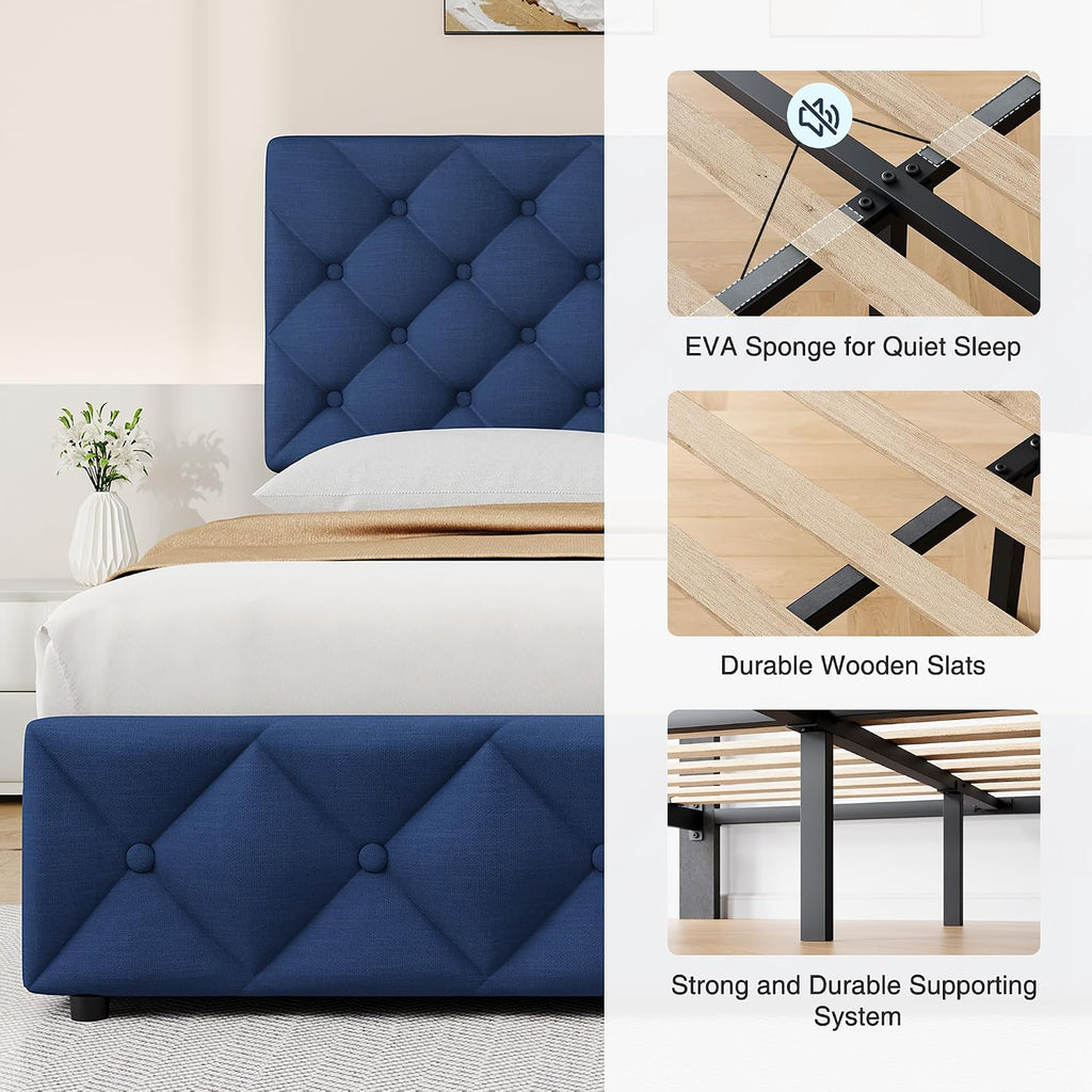 IDEALHOUSE King Size Bed Frame with 4 Storage Drawers and Adjustable Headboard, Linen Upholstered Platform Beds, Diamond Stitched Button Tufted, No Box Spring Needed, Blue