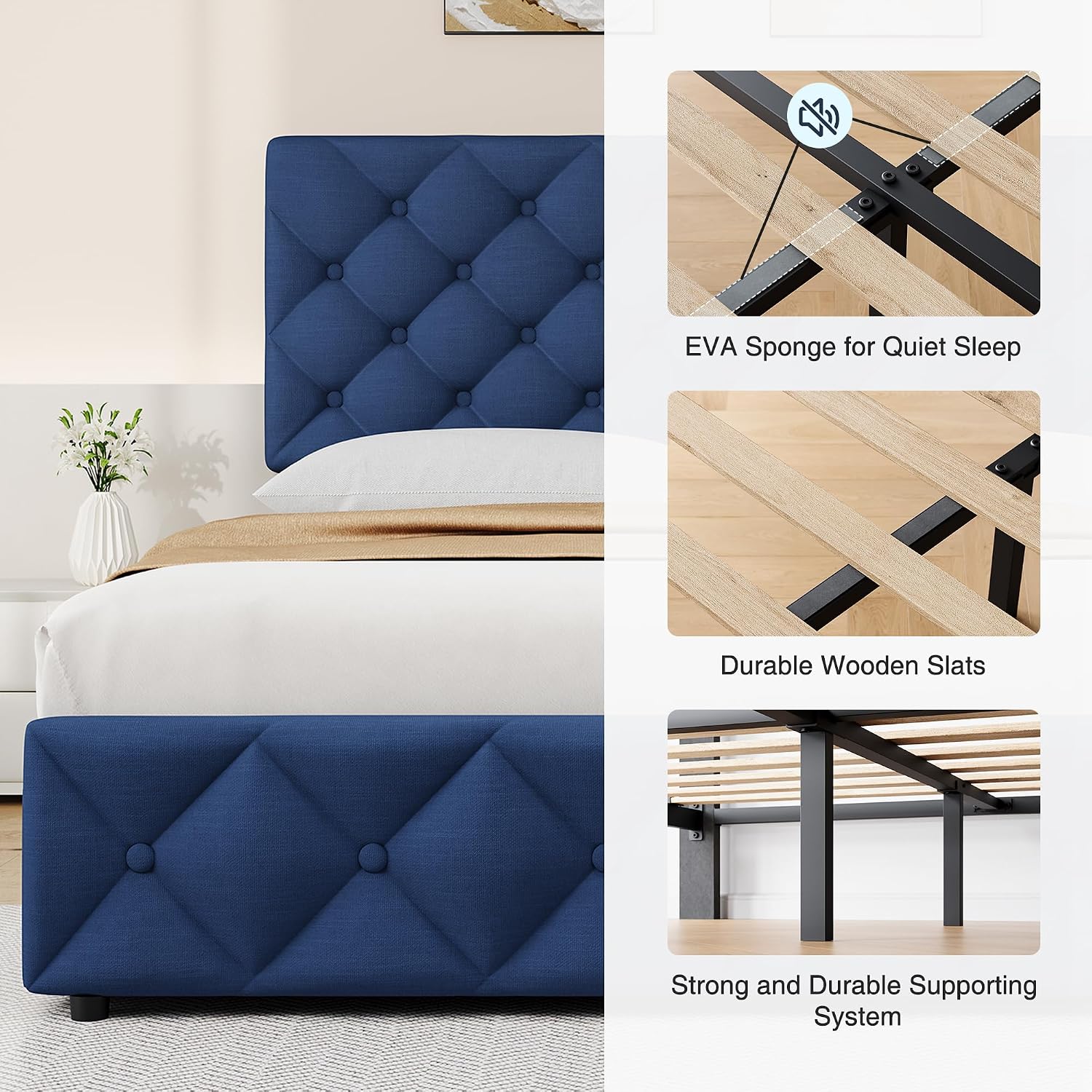 IDEALHOUSE King Size Bed Frame with 4 Storage Drawers and Adjustable Headboard, Linen Upholstered Platform Beds, Diamond Stitched Button Tufted, No Box Spring Needed, Blue