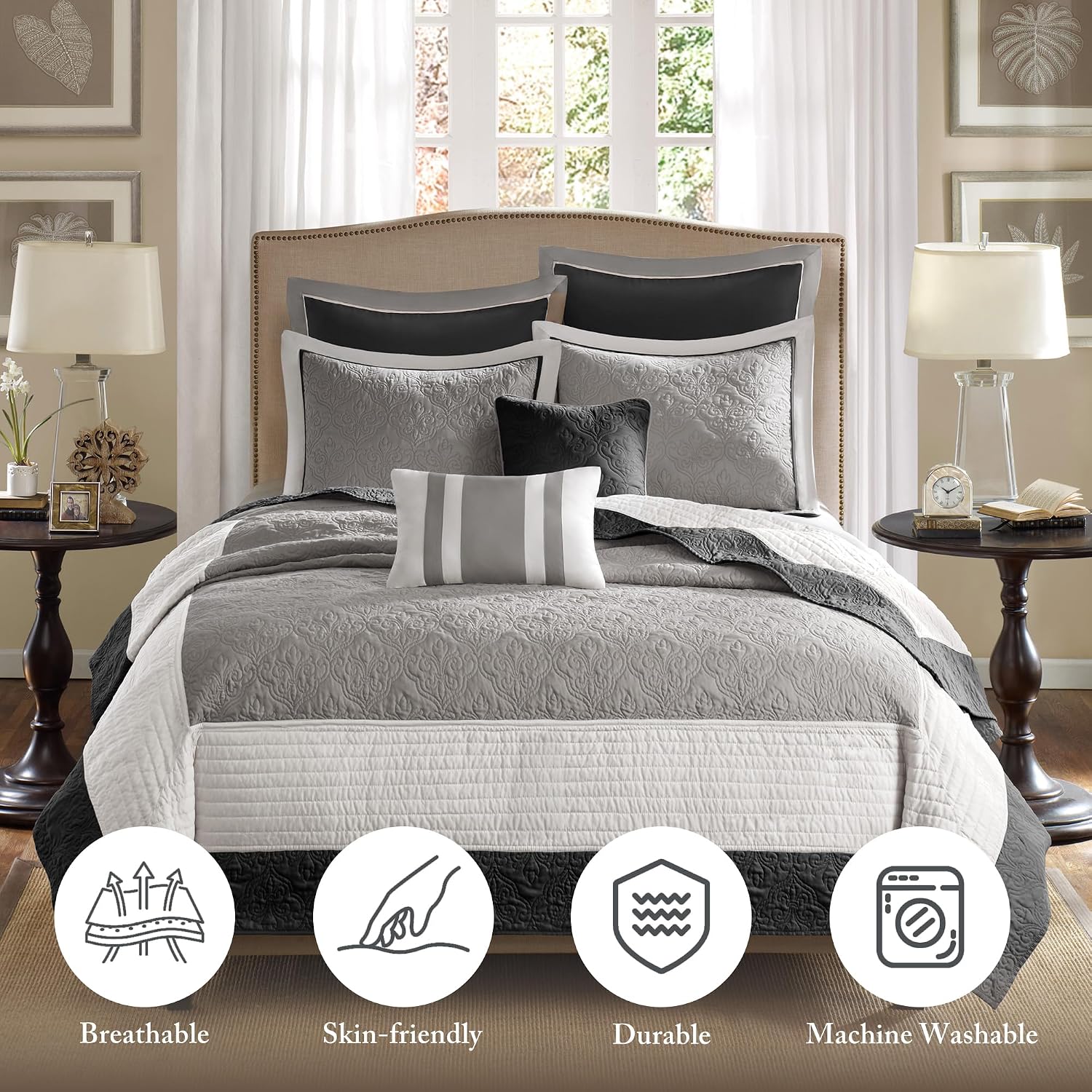 Madison Park Attingham Reversible Quilt Set - All Season Breathable Coverlet, Lightweight Cozy Bedding Layers, Matching Shams, King/Cal King(104'x94'), Black Multi 7 Piece