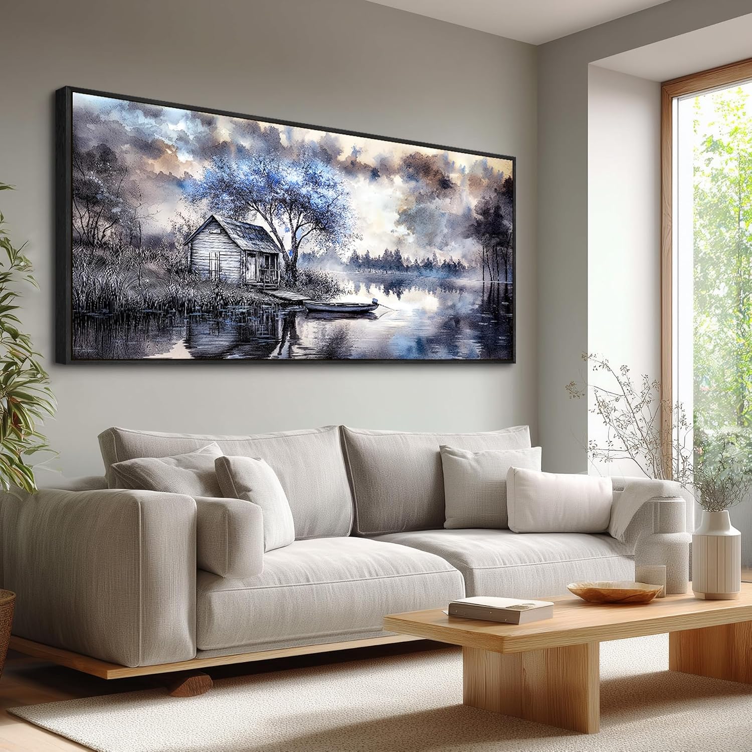 ERQINHUA Large Canvas Blue Tree Lakeside Landscape Painting Wall Decor For Living Room Restaurant Wall Art For Office Bedroom Artwork Pictures Modern Home Decor Ready To Hang Black Framed 32x72 In