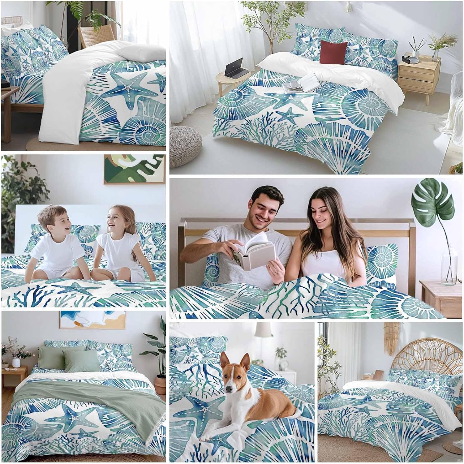 Summer Nautical Duvet Cover Set Queen Size 4 Pieces Blue Seashells Starfish Conch Coral Ocean Bedding Set with Zipper Closure, 1 Comforter Cover 92x106 Inches 1 Flat Sheet & 2 Pillow Cases