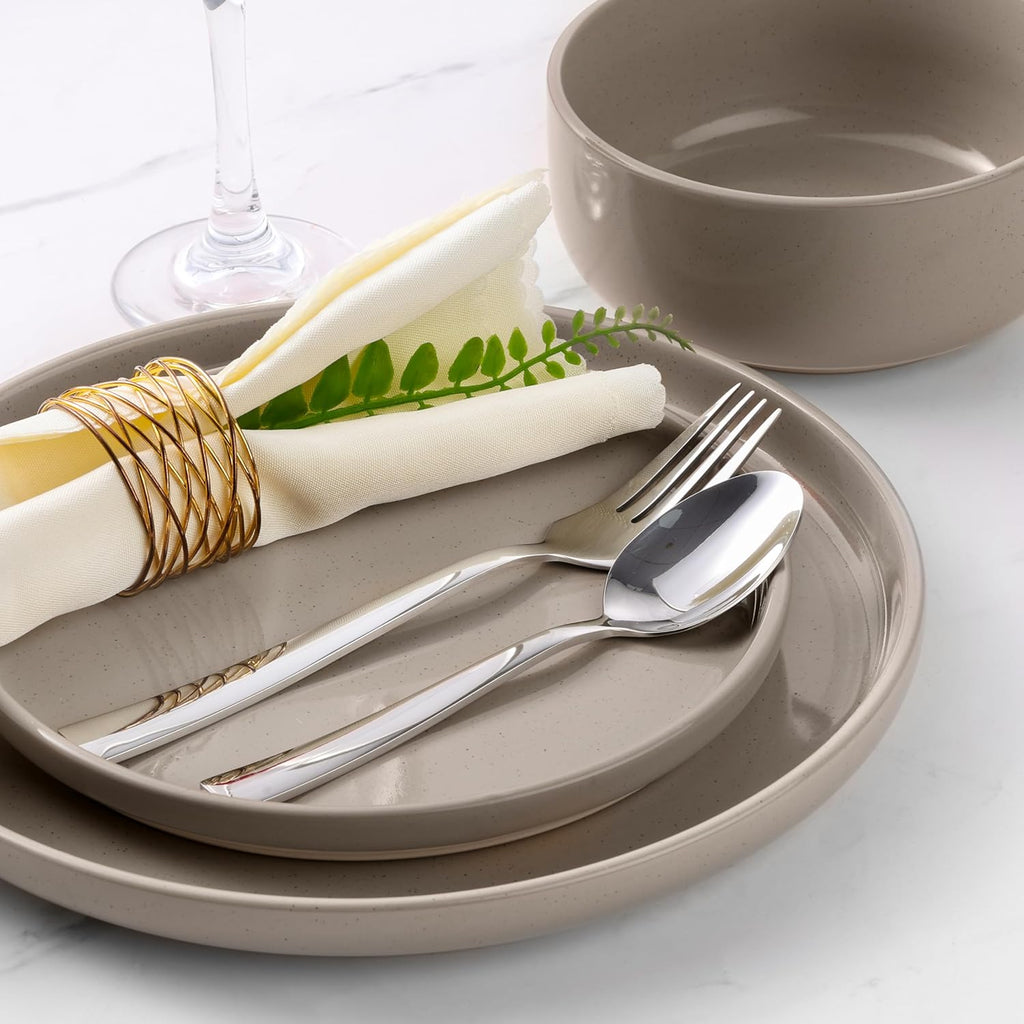 LIANYU Dinnerware Dishes Sets for 8, 24-Piece Stoneware Dinner Set, Ceramic Dining Bowls and Plates Crafted at 2400℉, Scratch Resistant, Microwave & Dishwasher Safe, Milky Brown