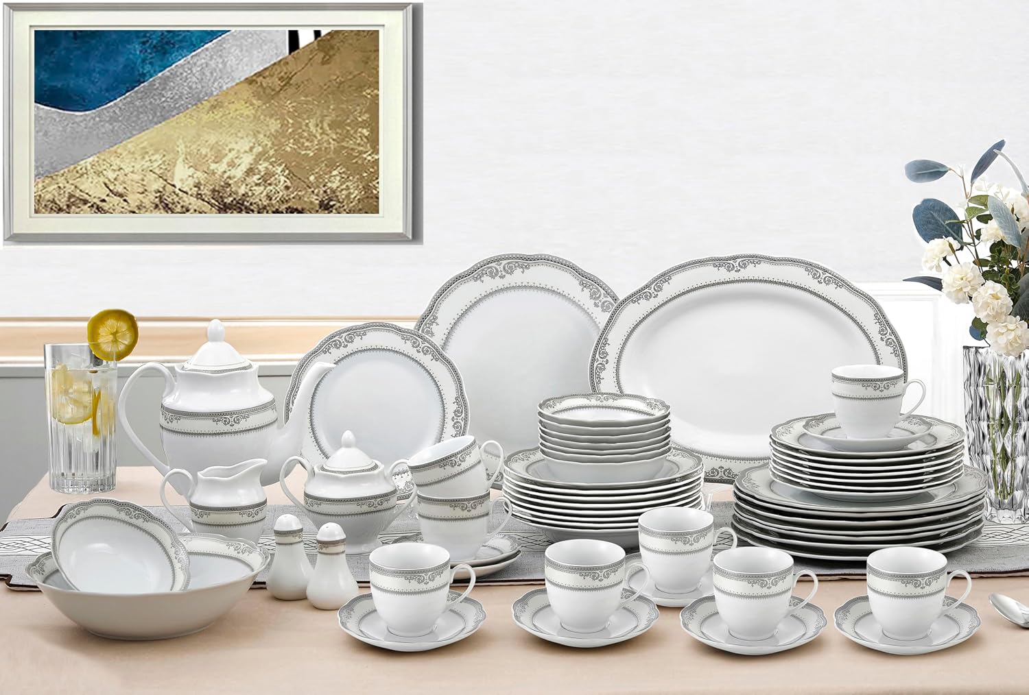 Lorenzo Import Victoria 57-Piece Wavy Porcelain Dinnerware Set