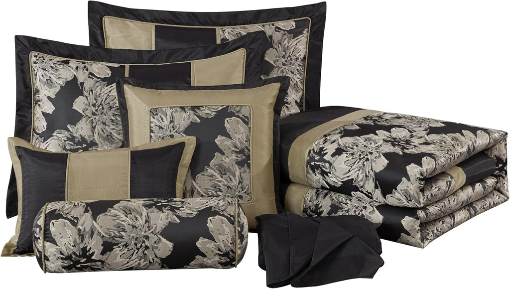 Chezmoi Collection Cameron Comforter Set Oversized King Size, 7-Piece Black Gold Hibiscus Floral Jacquard Bedding Set