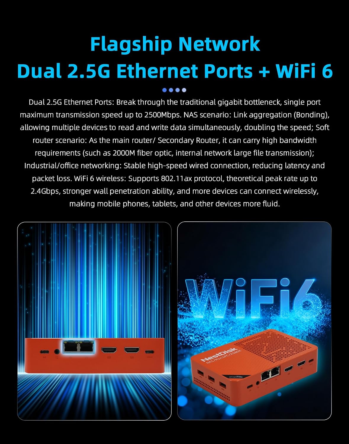 youyeetoo NestDisk Mini PC NAS, 4-Bay NVMe SSD, N150 Quad-Core 12GB DDR5, Dual 2.5GbE, Triple 4K@60Hz HDMI & USB-C, Personal Cloud Router Barebone (Orange,12GB+64GB(eMMC),Dual USB Fan)