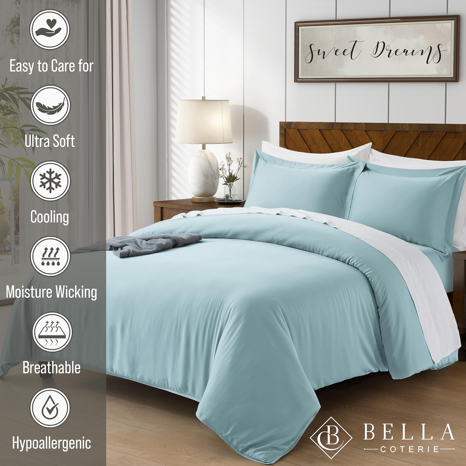 Bella Coterie Luxury Bamboo Viscose Queen Size Duvet Cover Set | 100% Organically Grown | Corner Ties | Ultra Soft | Cooling | Two Pillow Shams | 90 x 94 | No Insert [Coastal Blue]