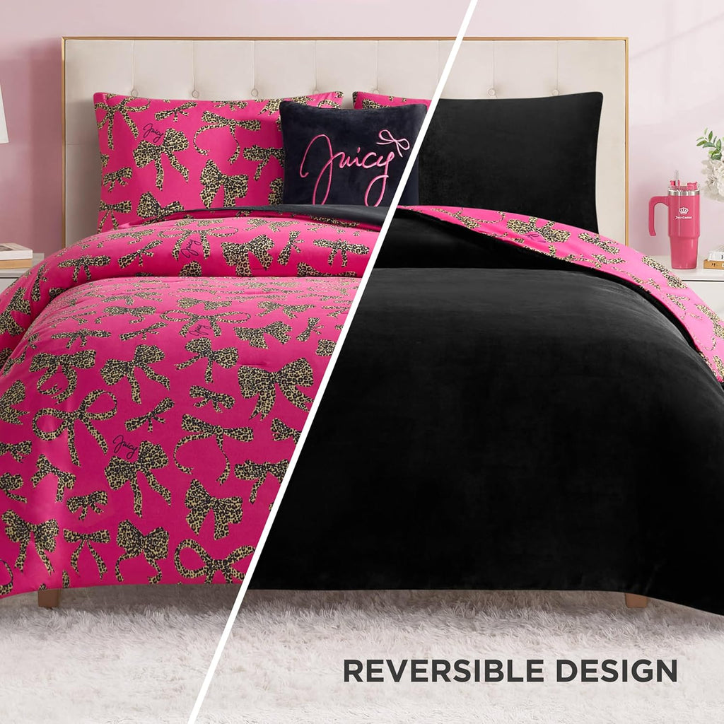 Juicy Couture Plush Reversible Cheetah Bows 4-Piece Full/Queen Comforter Set with Decorative Pillow
