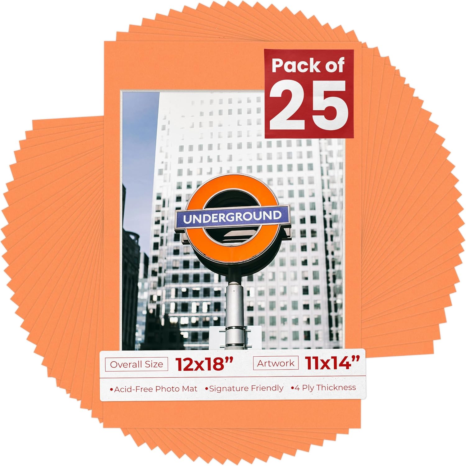 11x14 Mat for 12x18 Frame - Precut Mat Board Acid-Free Orange 11x14 Photo Matte Made to Fit a 12x18 Picture Frame, Premium Matboard for Family Photos, Show Kits, Art, Picture Framing, Pack of 25 Mats