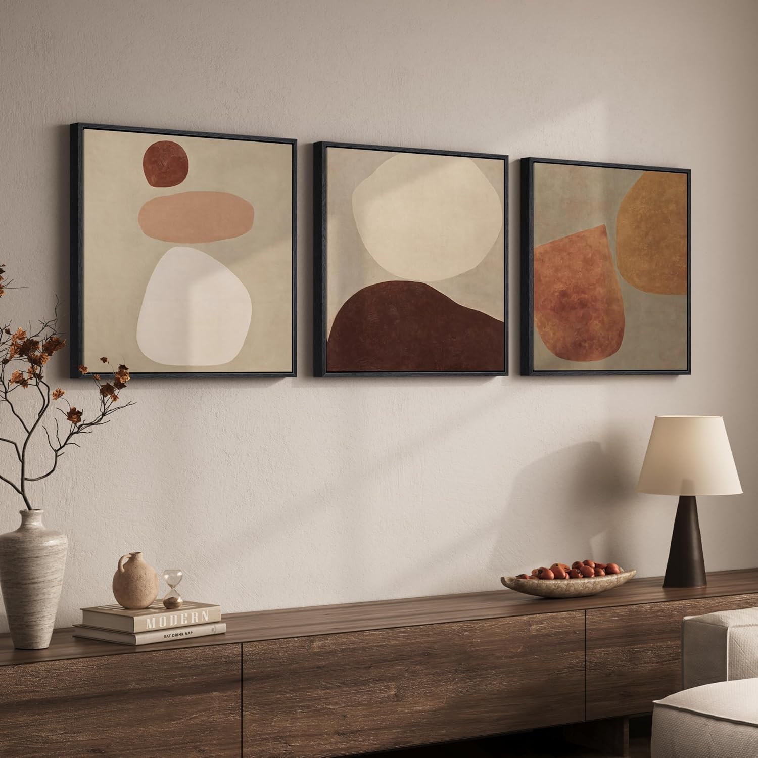 Large Framed Neutral Abstract Wall Art for Living Room, Mid Century Modern Canvas Prints Artwork for Walls, Warm Boho Wabi Sabi Square Earth Tone Pictures for Dining Room Bedroom Office Decor, 24x24