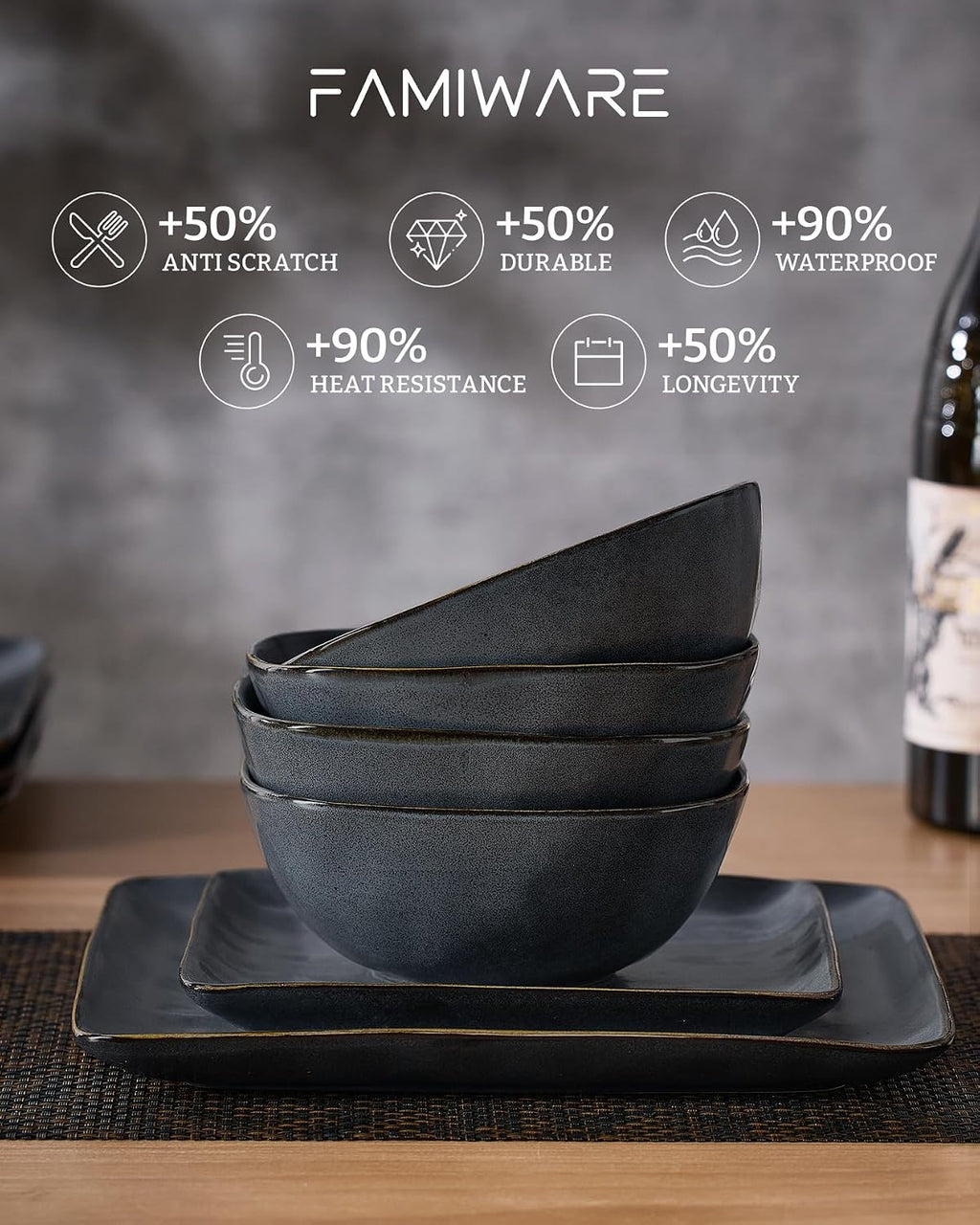 Famiware Stoneware Dinnerware Sets for 6, Ocean Square 18-Piece Kitchen Plates and Bowls Sets, Microwave and Dishwasher Safe, Scratch Resistant, Matte Dark Charcoal