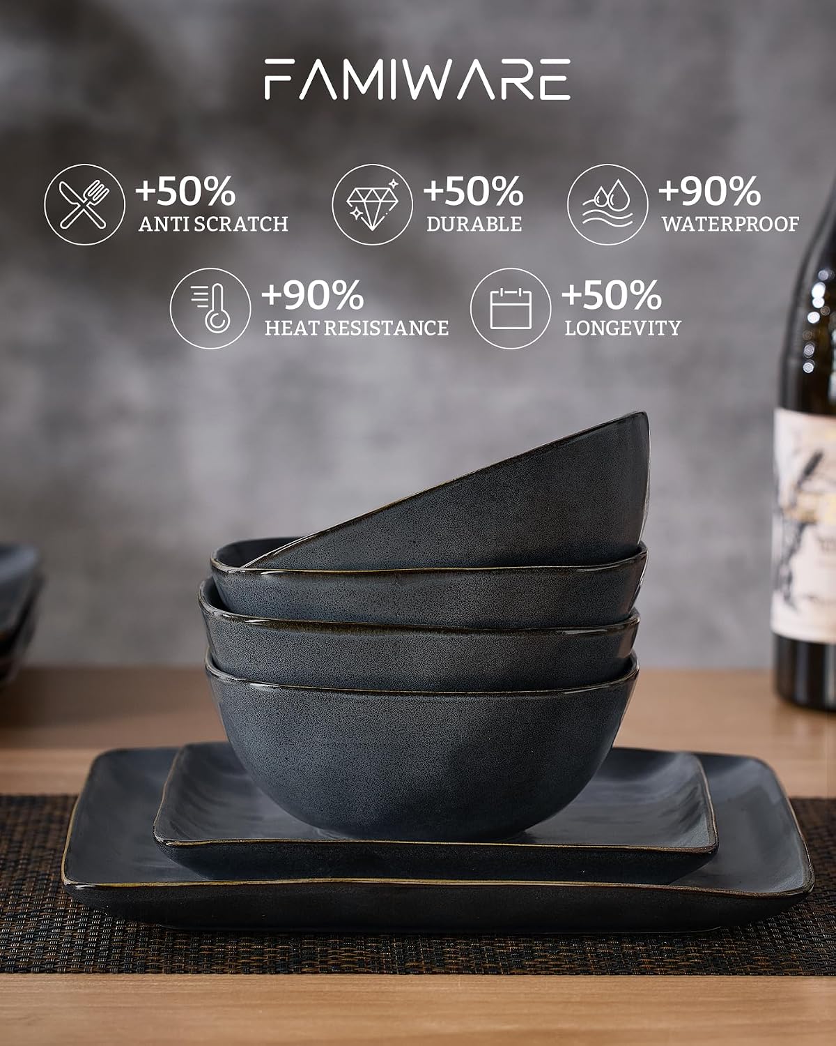 Famiware Stoneware Dinnerware Sets for 6, Ocean Square 18-Piece Kitchen Plates and Bowls Sets, Microwave and Dishwasher Safe, Scratch Resistant, Matte Dark Charcoal