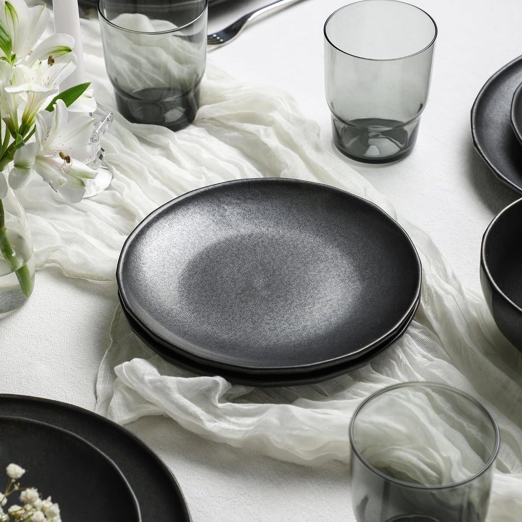 Stone Lain Rio Stoneware 32 Piece Dinnerware Set, Plates and Bowls Sets, Black Dish Set for 8 with Fluted Colored Glass Cups, Microwave & Dishwasher Safe
