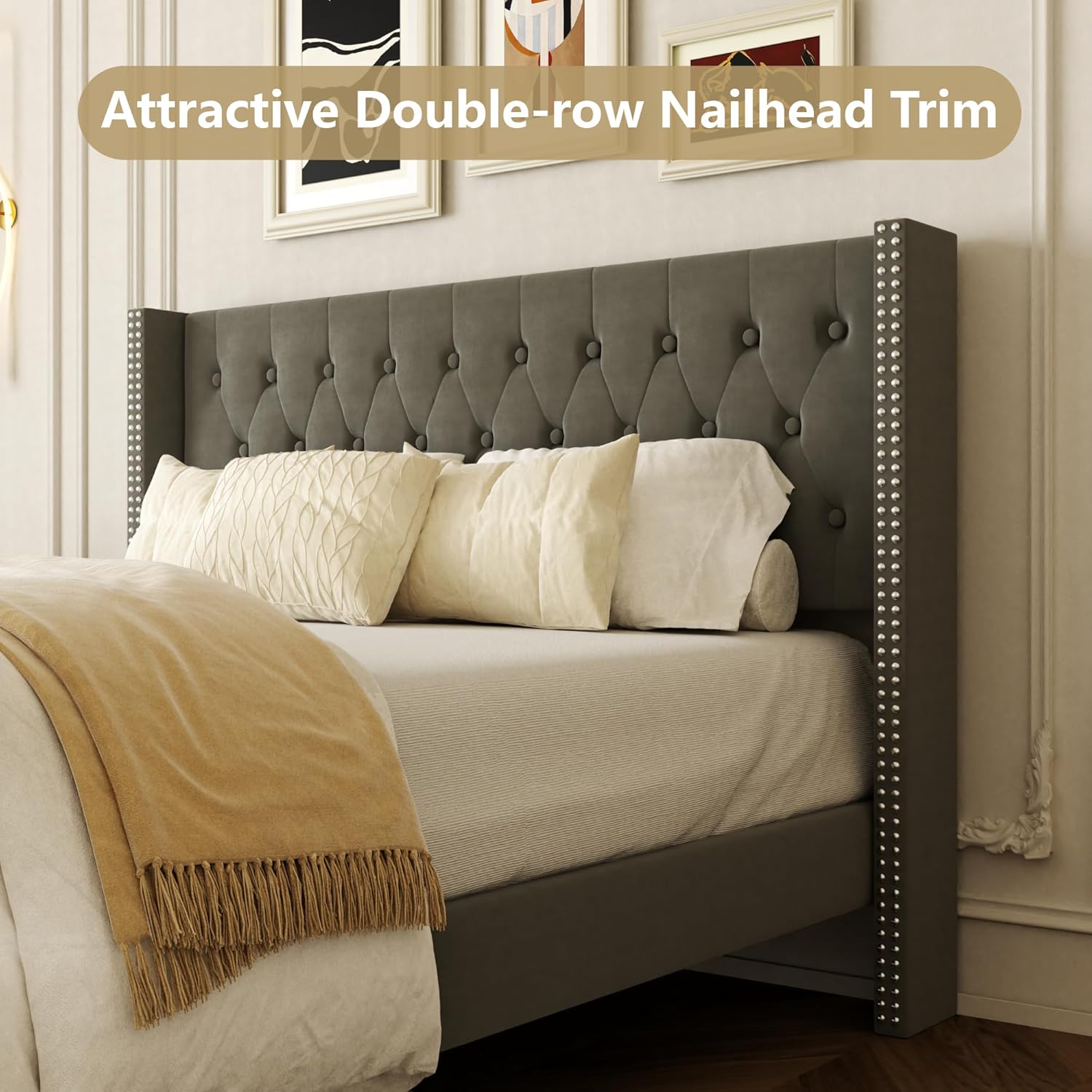 HAOARA Full Size Bed Frame, Upholstered Platform Bed with Wingback Headboard, Velvet Button Tufted, Easy Assembly, No Box Spring Needed, Green