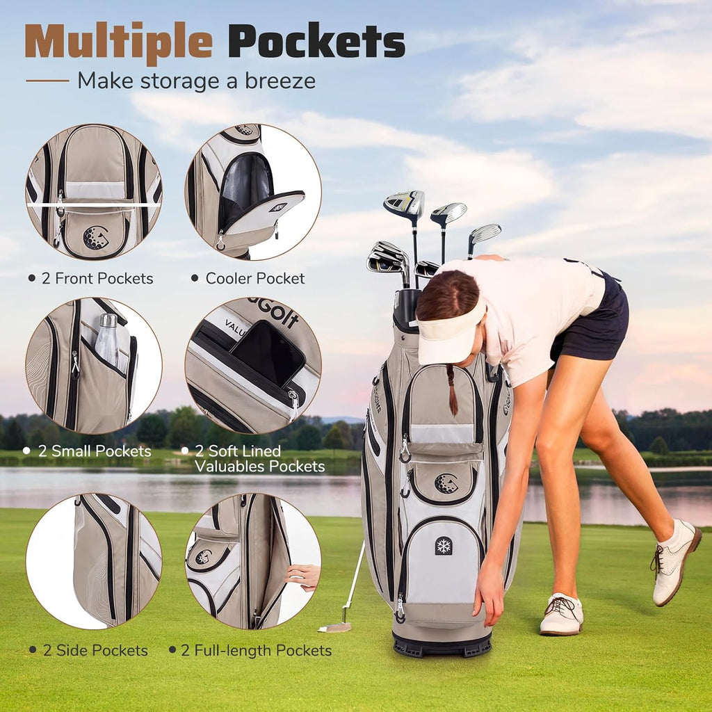 Goplus Lightweight Golf Cart Bag, Molded Lock Top Golf Club Bag w/14-Way Full Length Organizer Dividers, 11 Pockets, Cooler Bag, Straps, Umbrella Holder & Rain Hood for Men Women