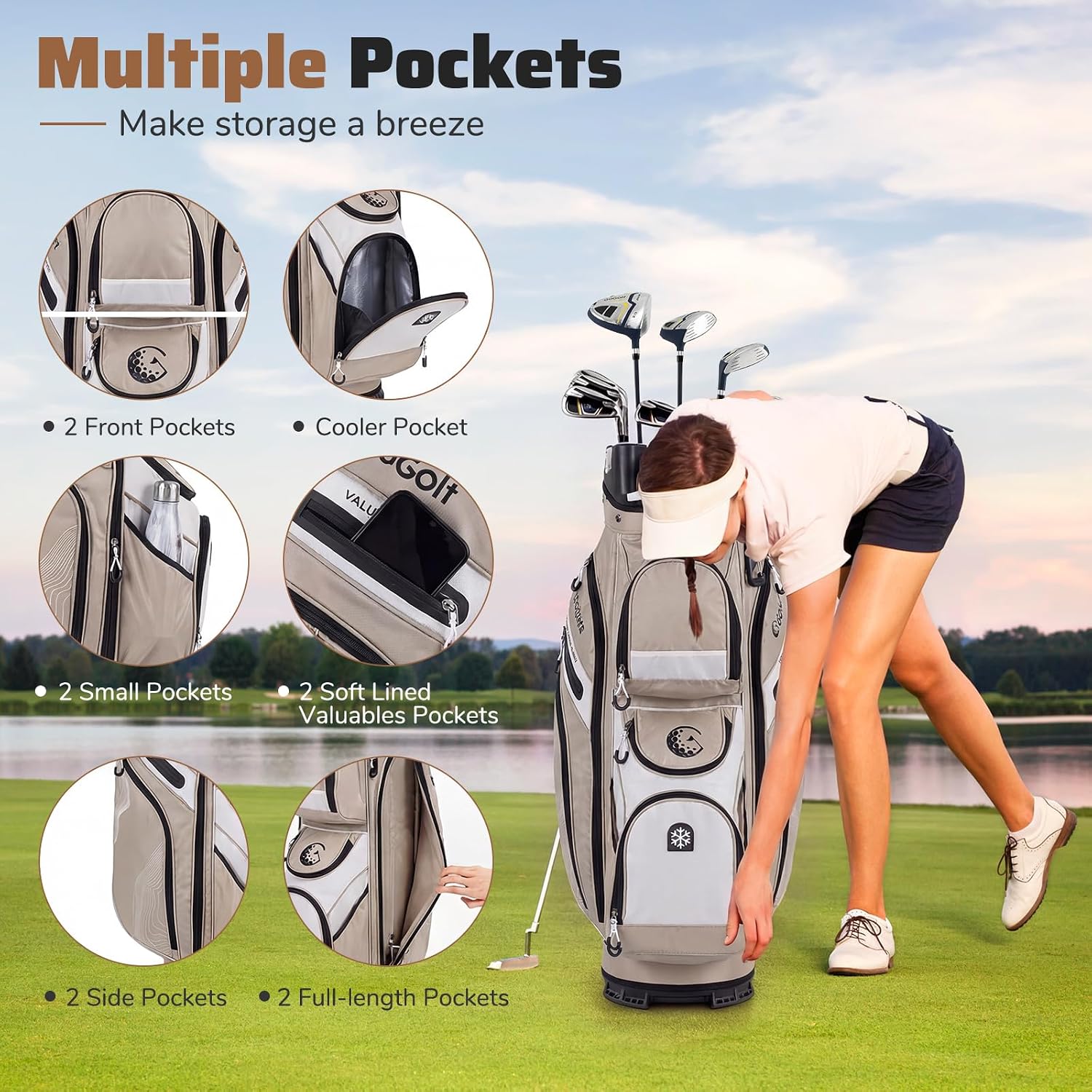 Goplus Lightweight Golf Cart Bag, Molded Lock Top Golf Club Bag w/14-Way Full Length Organizer Dividers, 11 Pockets, Cooler Bag, Straps, Umbrella Holder & Rain Hood for Men Women