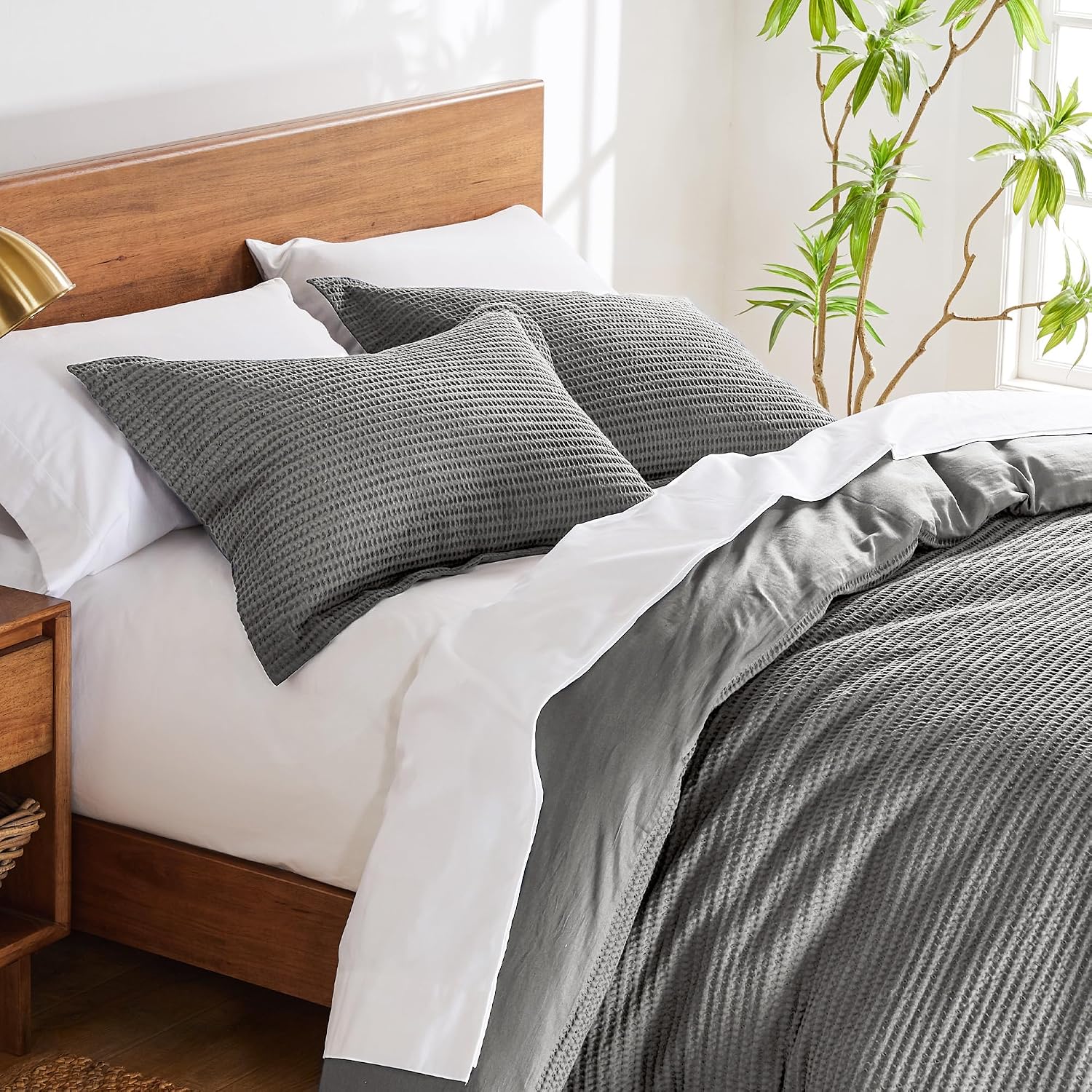 Levtex Home Cloud Waffle Queen Duvet Cover Set (90x94in) with 2 Pillow Shams (26x20in) - Solid Waffle Cotton Texture - Grey - 100% Cotton Queen Size Duvet Cover Set - Soft, Pre-Washed