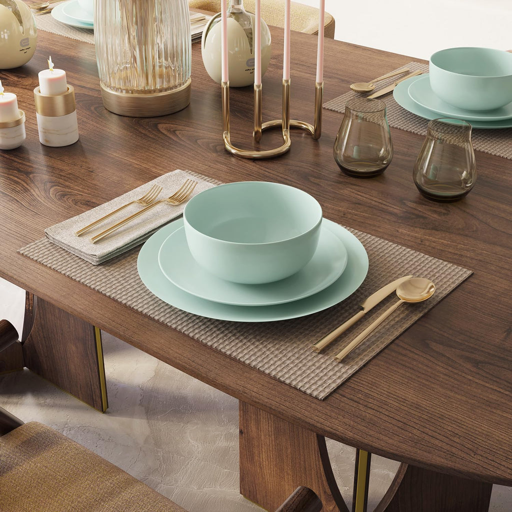 Yoshy 12-Piece Green Bone China Dinnerware with Lightweight Durable Chip Resistant Design Service for 4