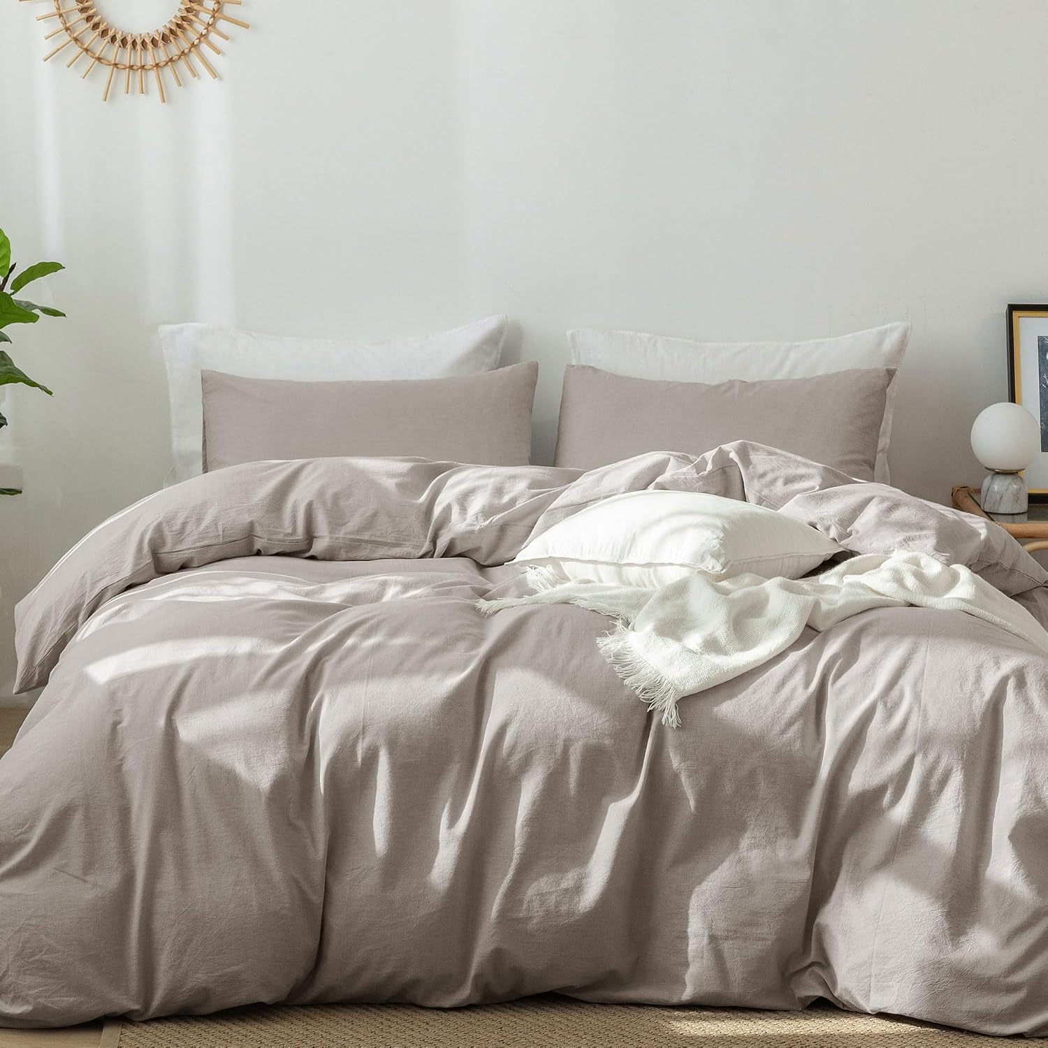 MooMee Bedding Duvet Cover Set 100% Washed Cotton Linen Like Textured Breathable Durable Soft Comfy (Heathered Brownish Grey, Super King Plus 120'x120')