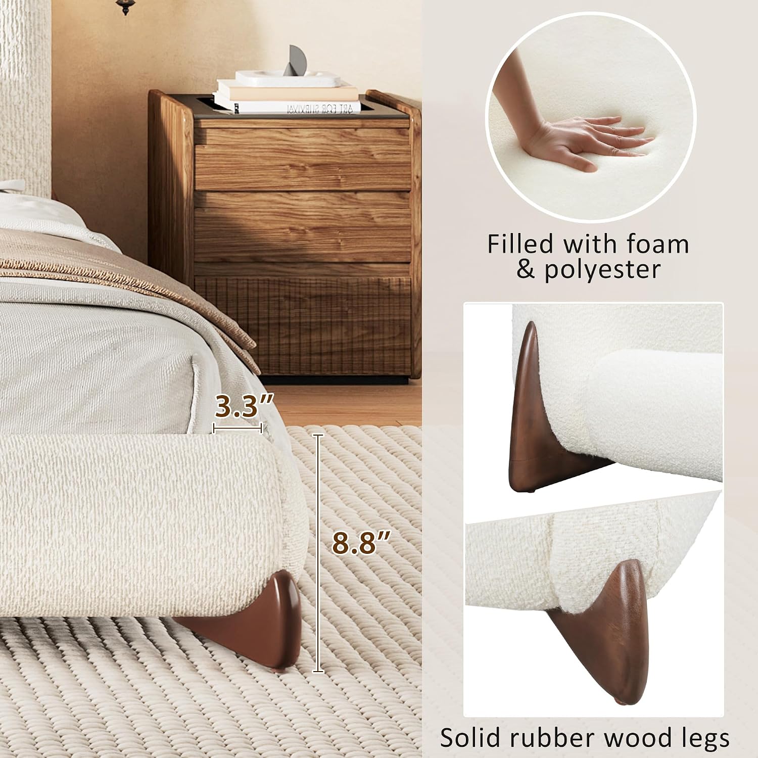 Christopher Knight Home Salden California King Size Bed Frame with Headboard, Boucle Upholstered California King Bed Frame and Headboard, Wooden Slat Support, No Box Spring Needed, White