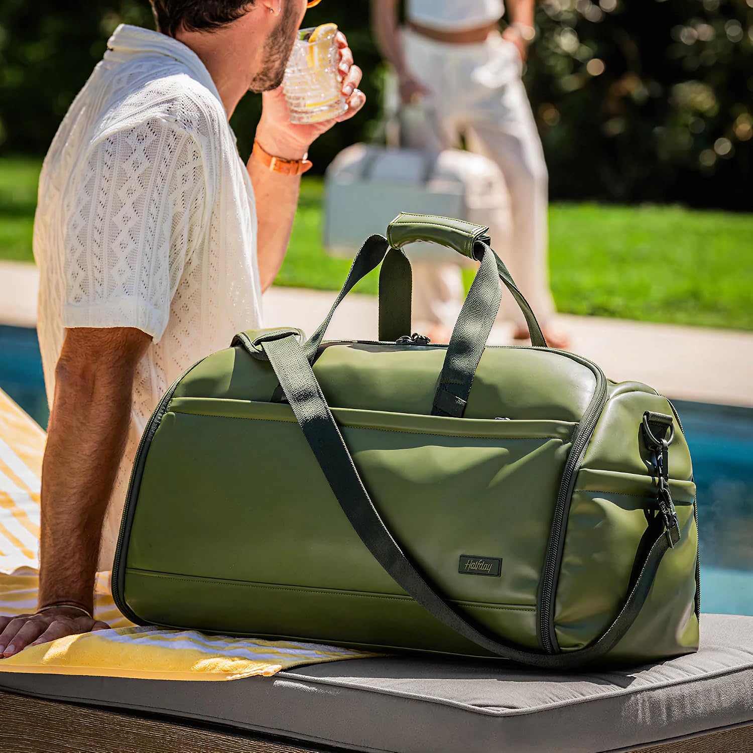 Halfday Convertible 2-in-1 Vegan Leather Premium Garment Duffel Weekender Bag 45L (Carry-on, Wrinkle-Free Travel, Hanging Suit Compartment, Shoe Pockets, Trolley Sleeve), Leaf