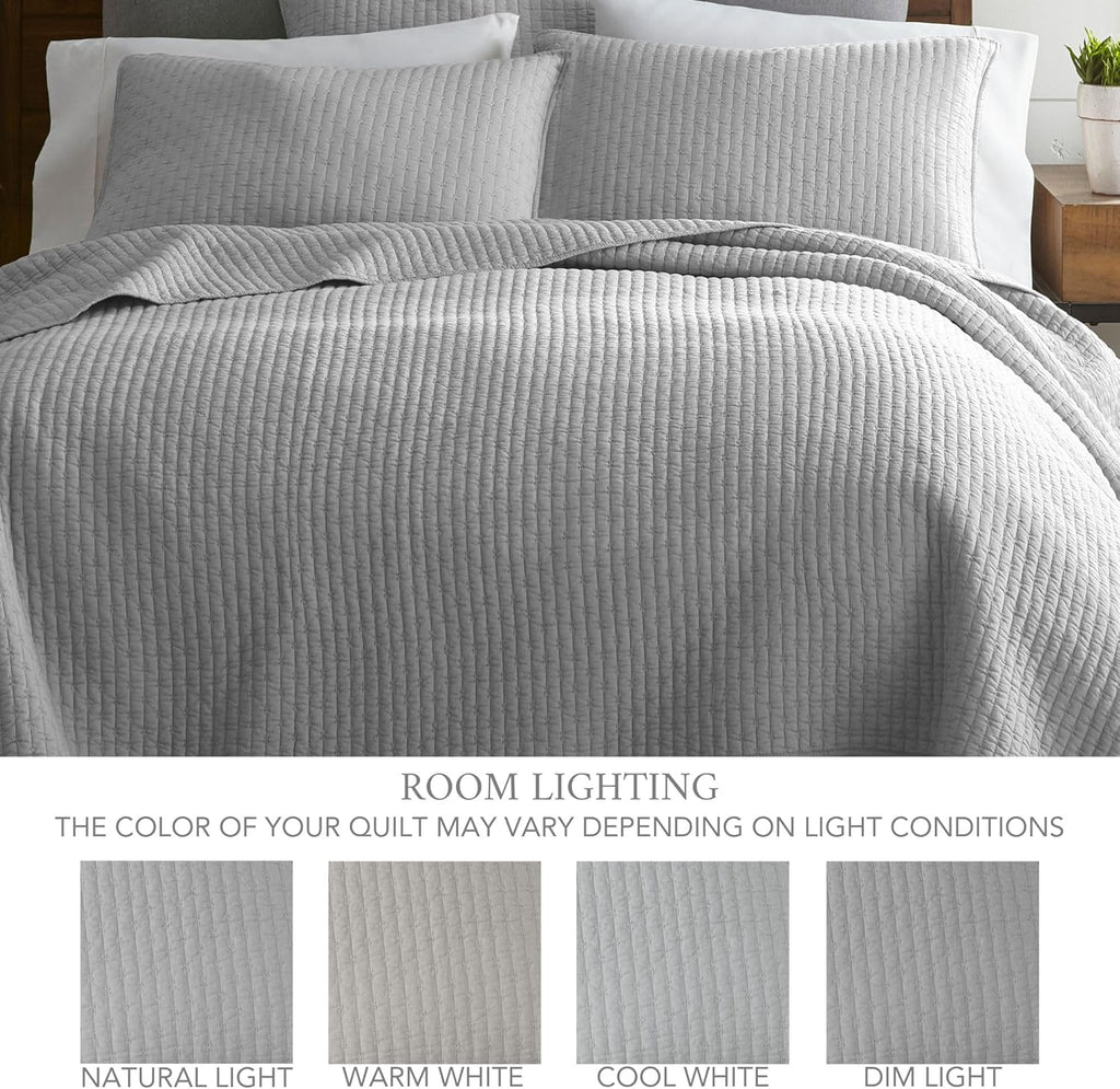 Levtex Home Cross Stitch Reversible Queen Bedspread Set (104x106in) with 2 Pillow Shams (26x20in) - Stitch Texture - Light Grey - Cotton Queen Size Bedspread Set - Lightweight, Soft, Pre-Washed