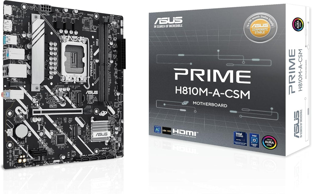 ASUS Prime H810M-A-CSM Intel® H810 LGA 1851 mATX Motherboard, 6+1+1+1 Discrete MOS, DDR5, PCIe 4.0, 2xM.2 Slots, Intel® 1Gb Ethernet, DisplayPort, HDMI™, USB 10Gbps, Front USB 5Gbps Type-C