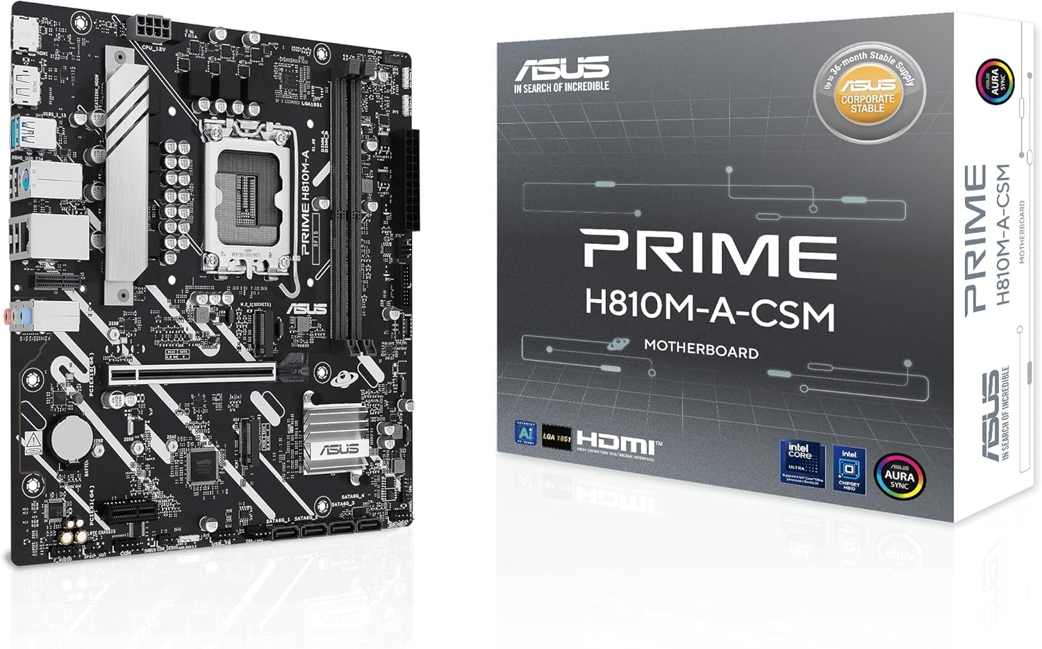 ASUS Prime H810M-A-CSM Intel® H810 LGA 1851 mATX Motherboard, 6+1+1+1 Discrete MOS, DDR5, PCIe 4.0, 2xM.2 Slots, Intel® 1Gb Ethernet, DisplayPort, HDMI™, USB 10Gbps, Front USB 5Gbps Type-C
